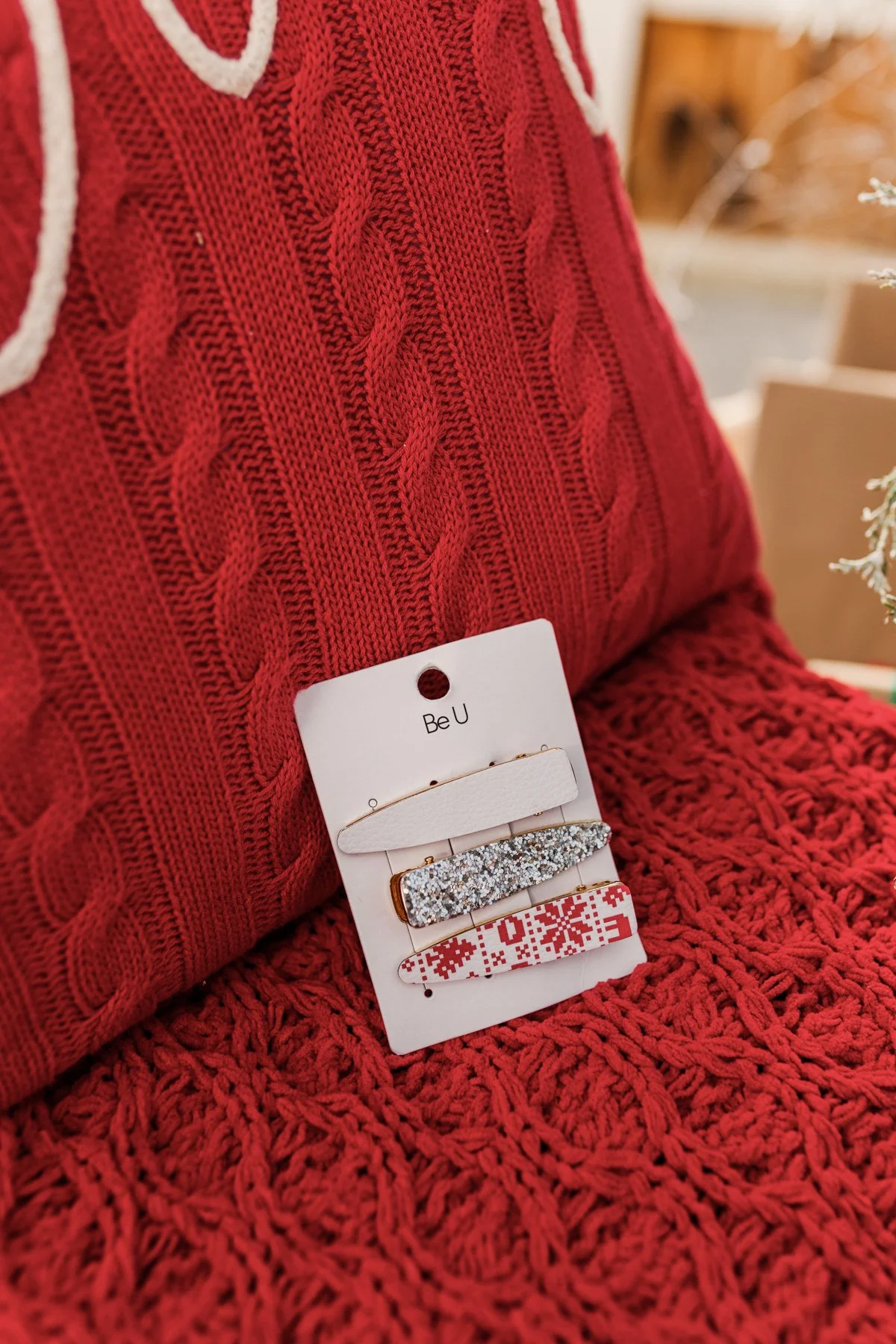 Festive Season 3 Piece Gold Barrette Set- White, Silver, Red