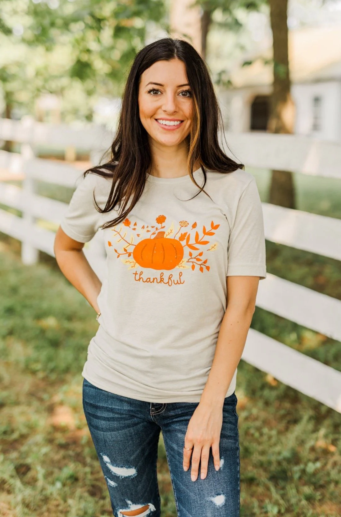 Festive "Thankful" Pumpkin Graphic Tee- Light Taupe