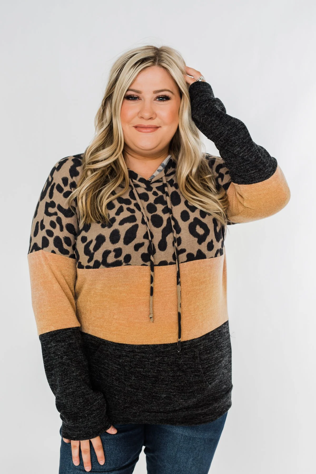 Fierce Love Leopard Color Block Hoodie- Taupe, Mustard, Black - Image 4