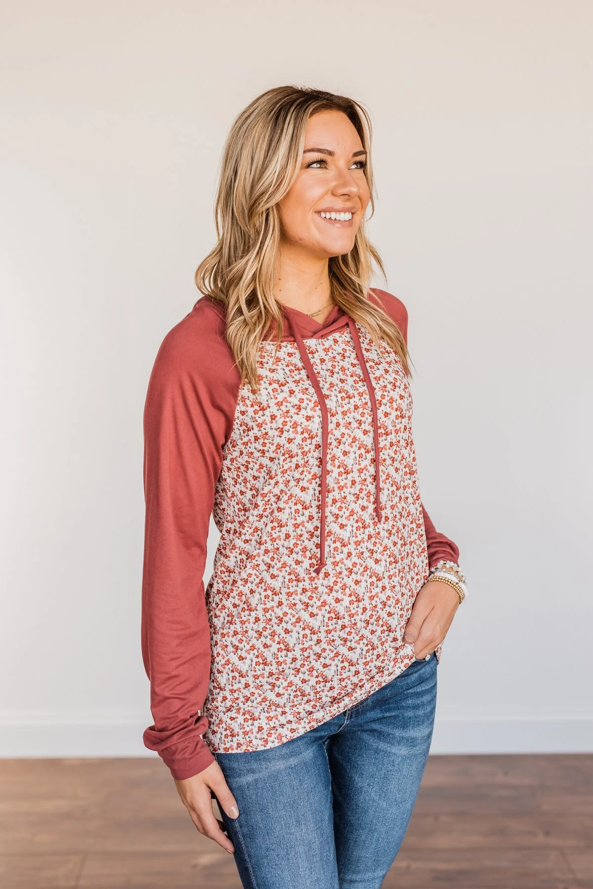Fiercely Fabulous Floral Drawstring Hoodie- Brick - Image 8
