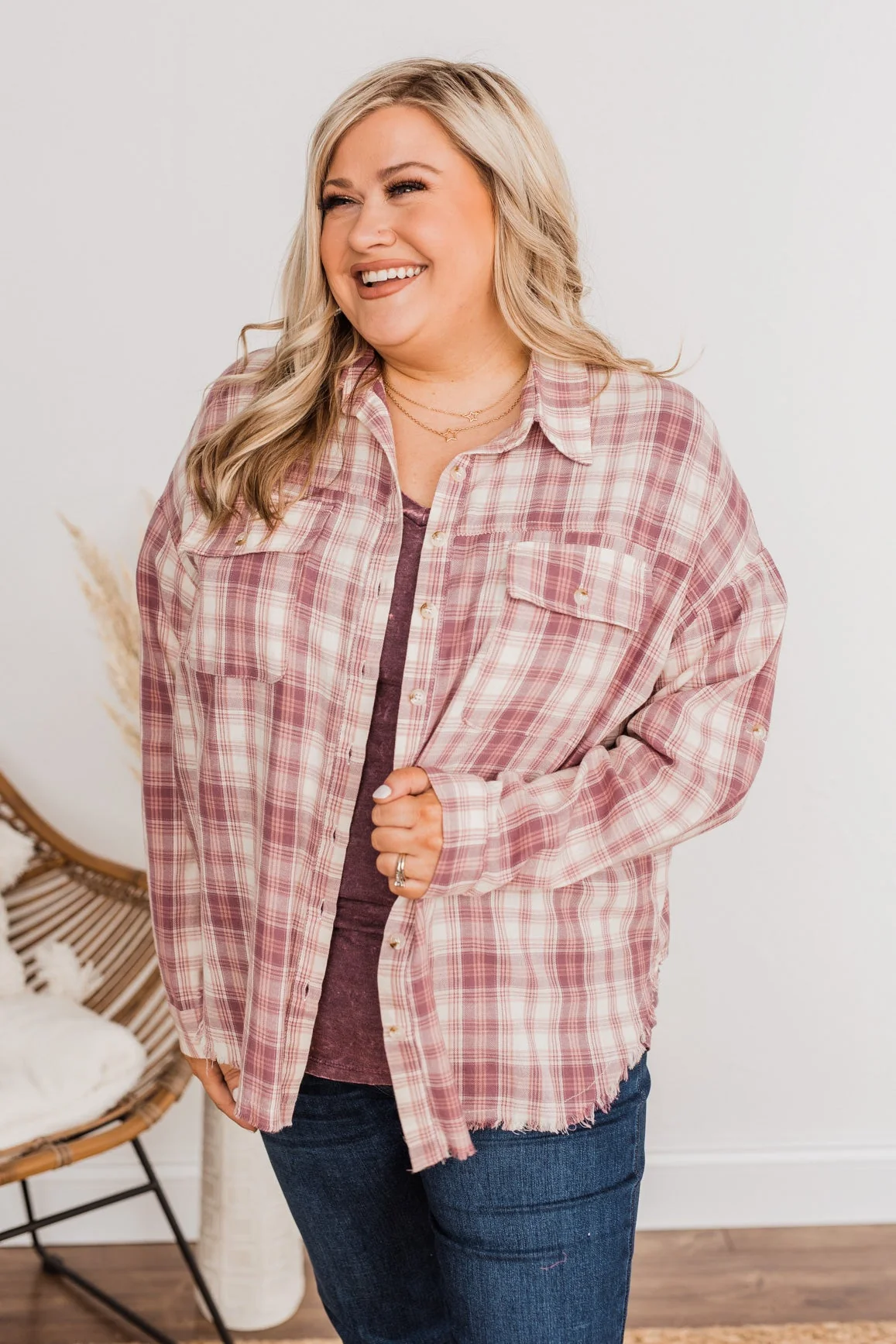 Fight For Love Frayed Plaid Top- Pink - Image 6