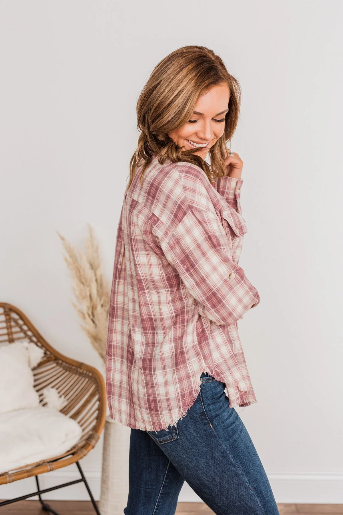 Fight For Love Frayed Plaid Top- Pink - Image 8