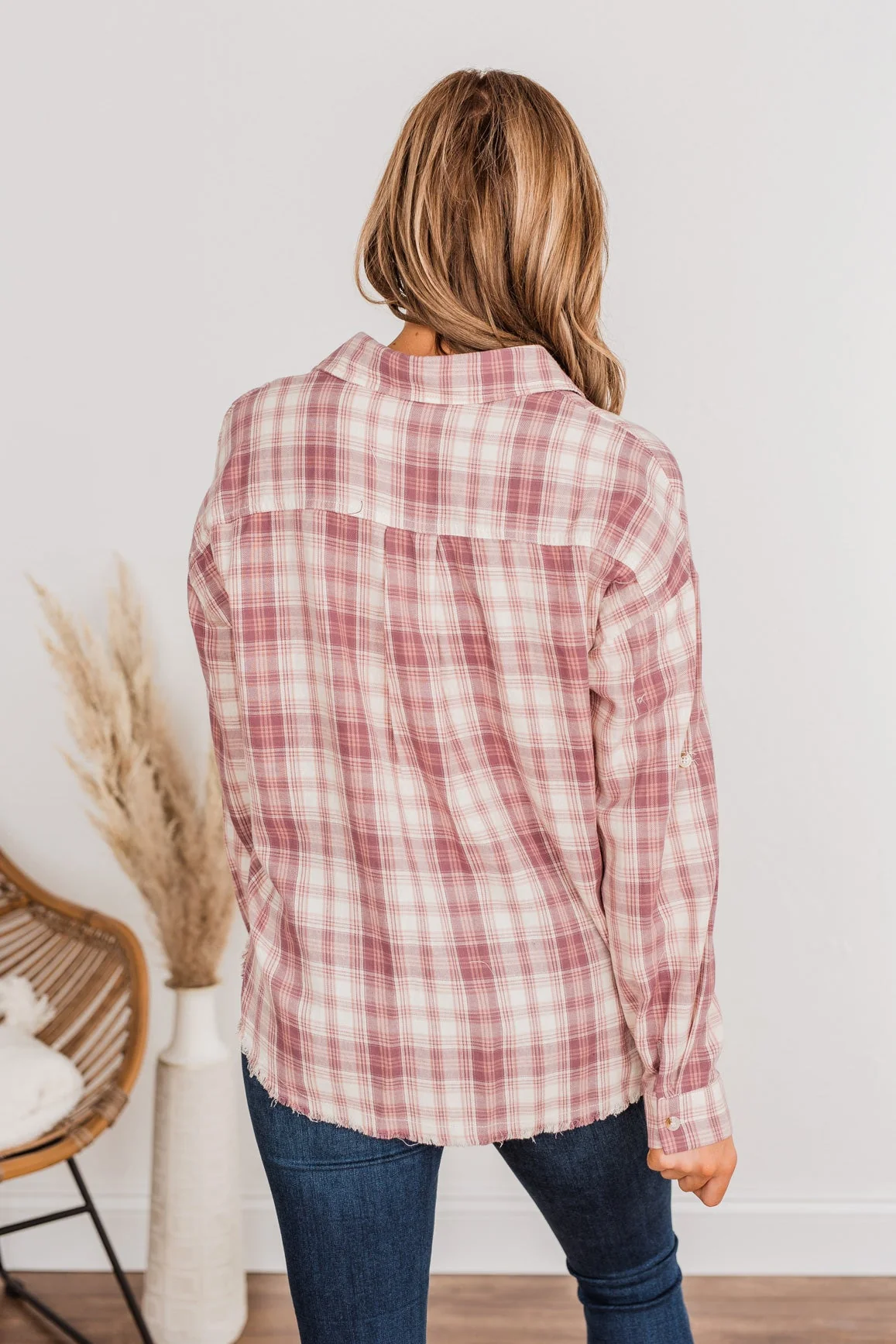 Fight For Love Frayed Plaid Top- Pink - Image 9