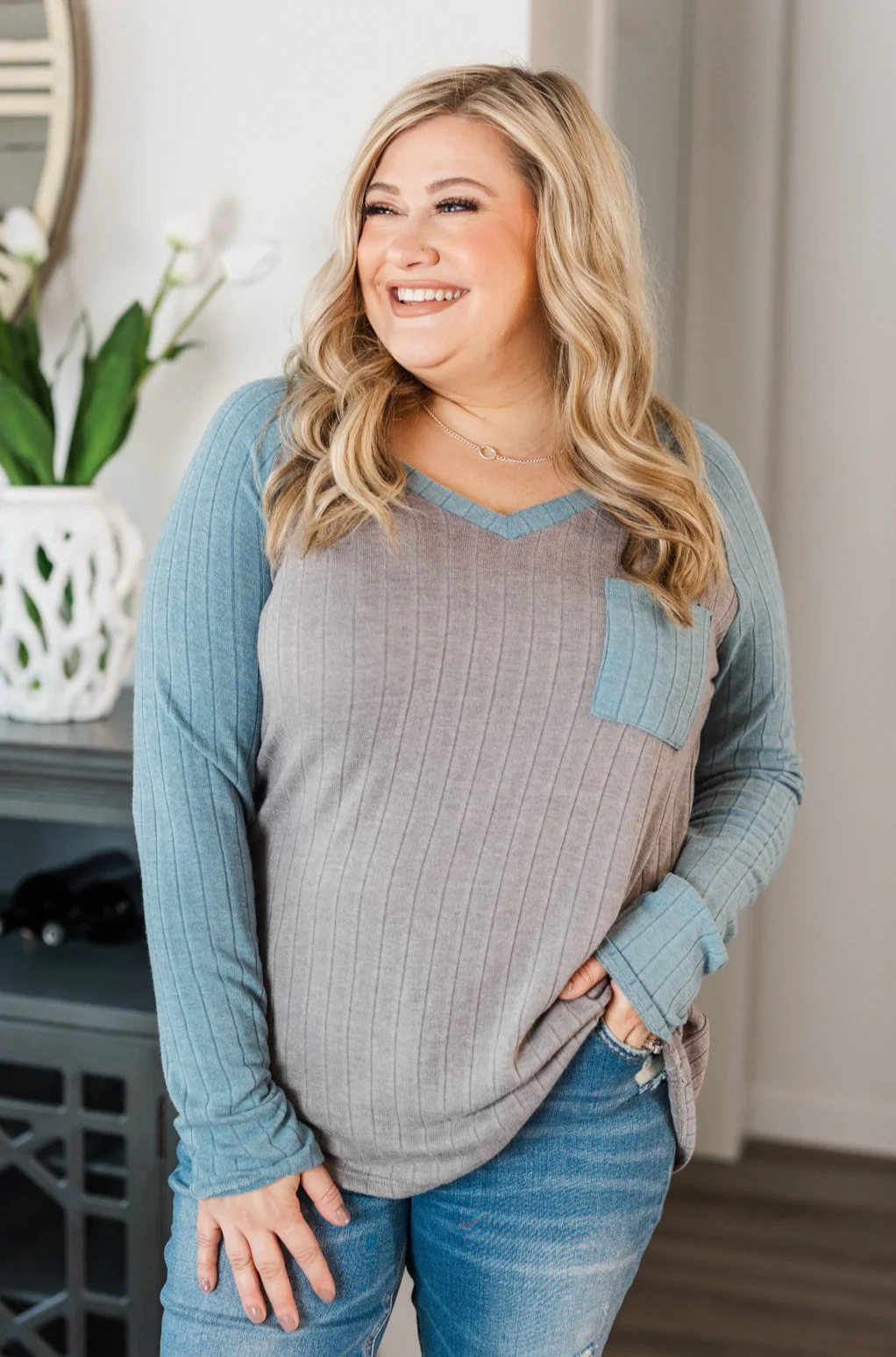 Figure Me Out V-Neck Top- Grey & Blue