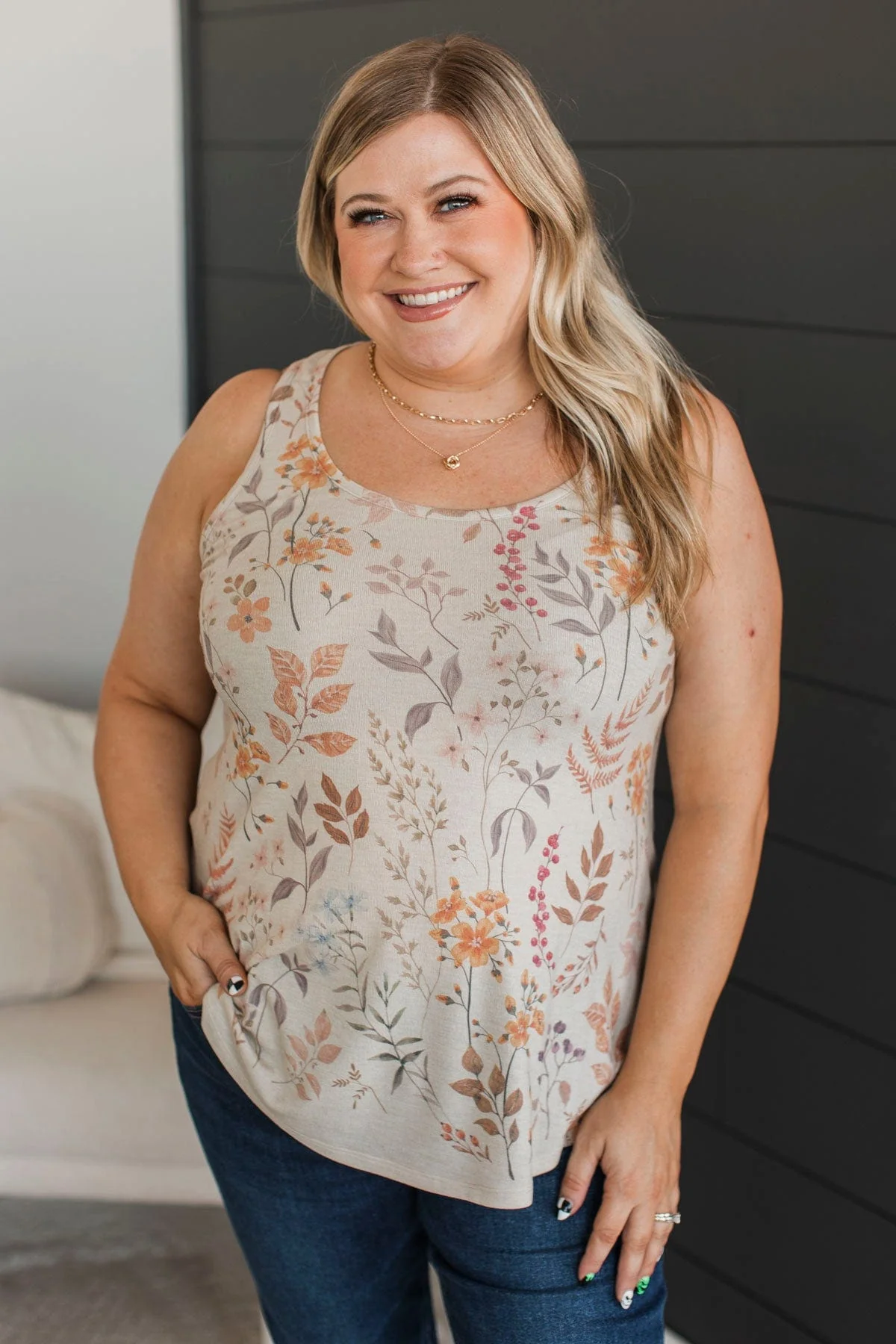 Figuring It Out Floral Tank Top- Light Taupe - Image 4