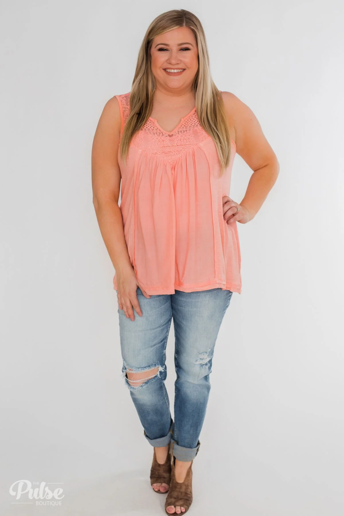 Fill My Days Lace Detailed Tank Top- Soft Coral - Image 3