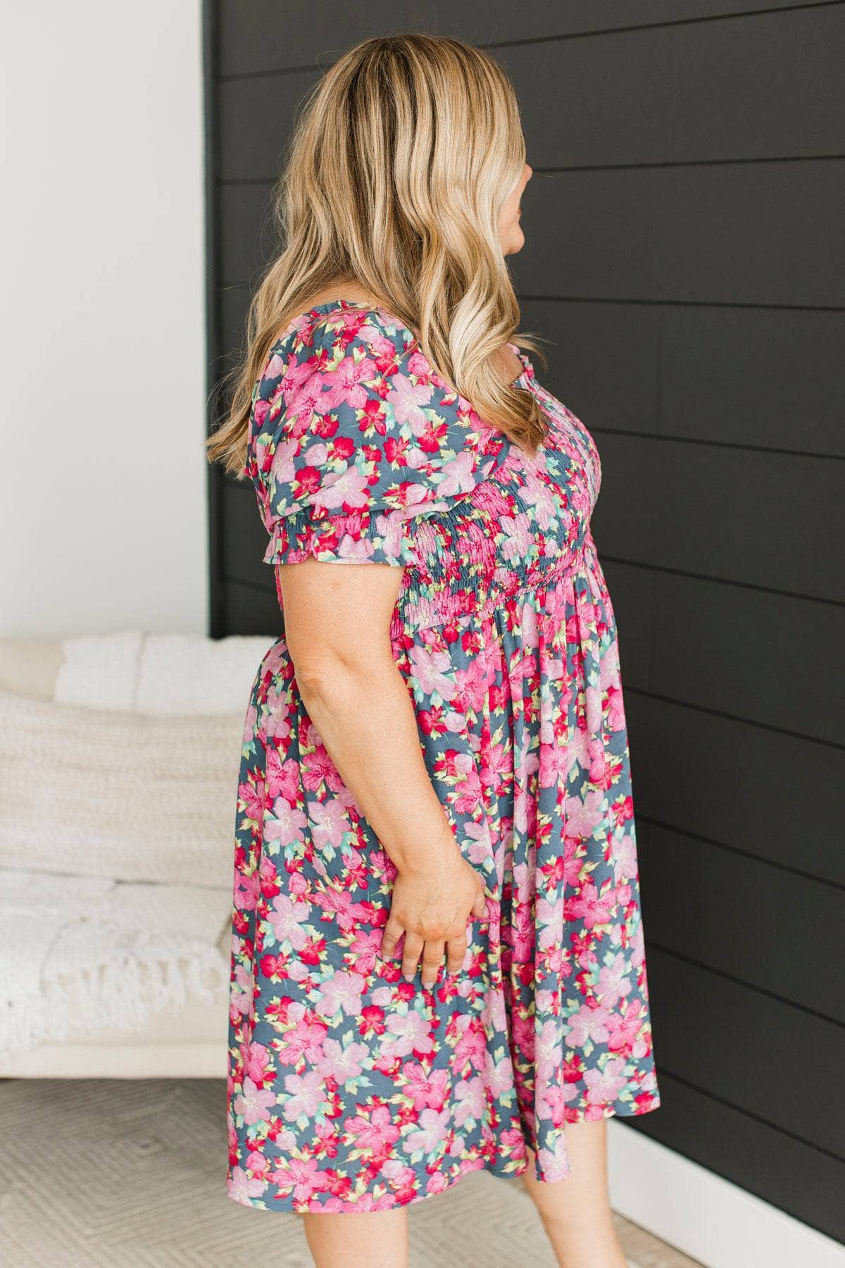 Fill Your Life Smocked Floral Dress- Grey & Pink - Image 5