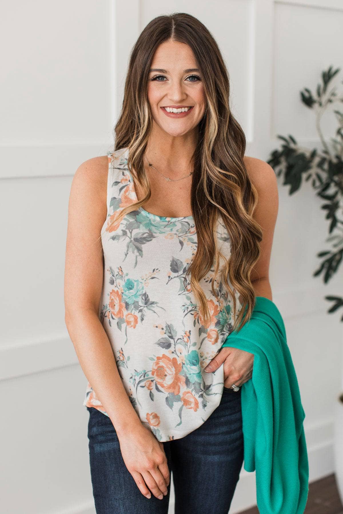 Filled With Glee Floral Tank Top- Ivory, Mint, & Orange - Image 2