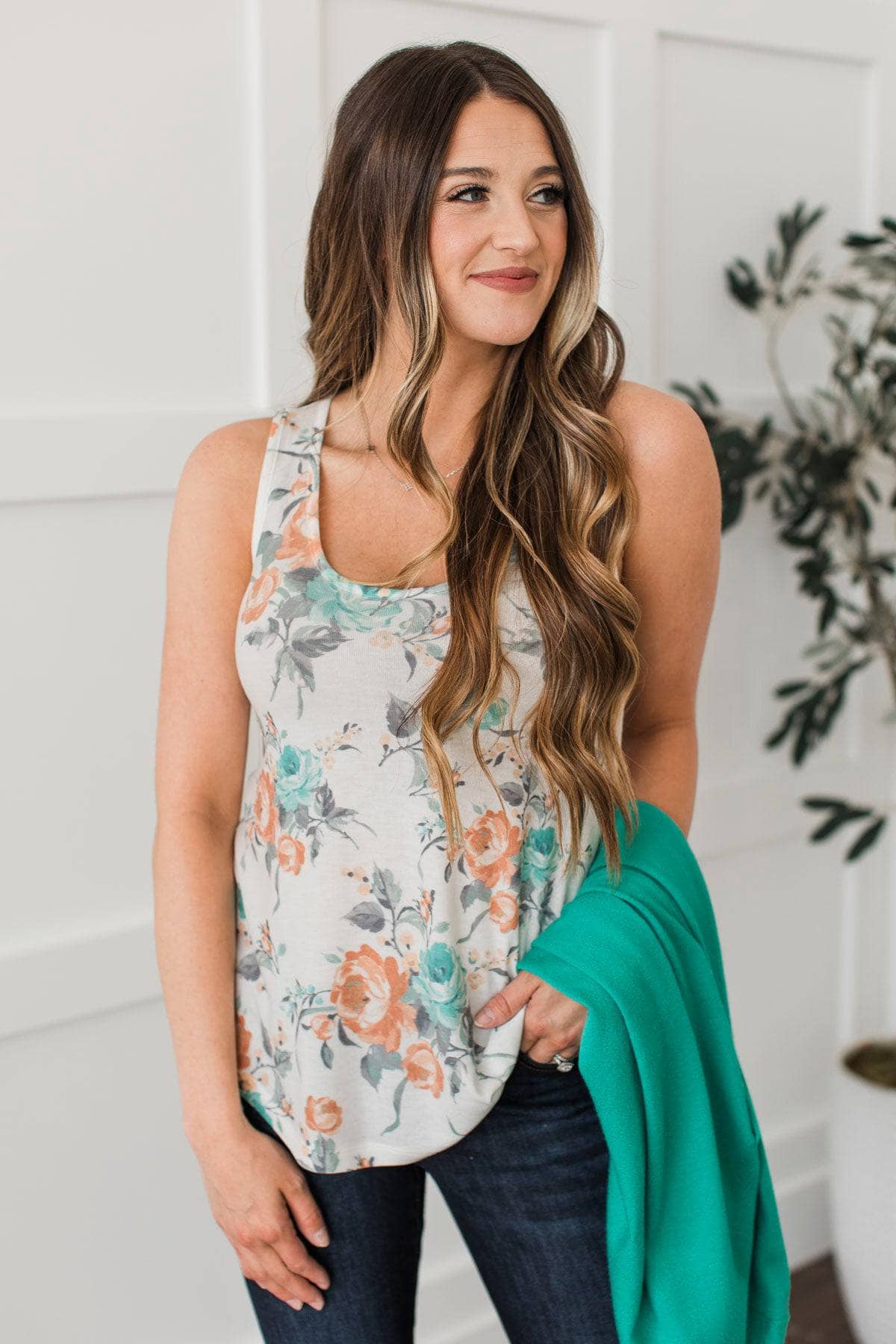 Filled With Glee Floral Tank Top- Ivory, Mint, & Orange - Image 4