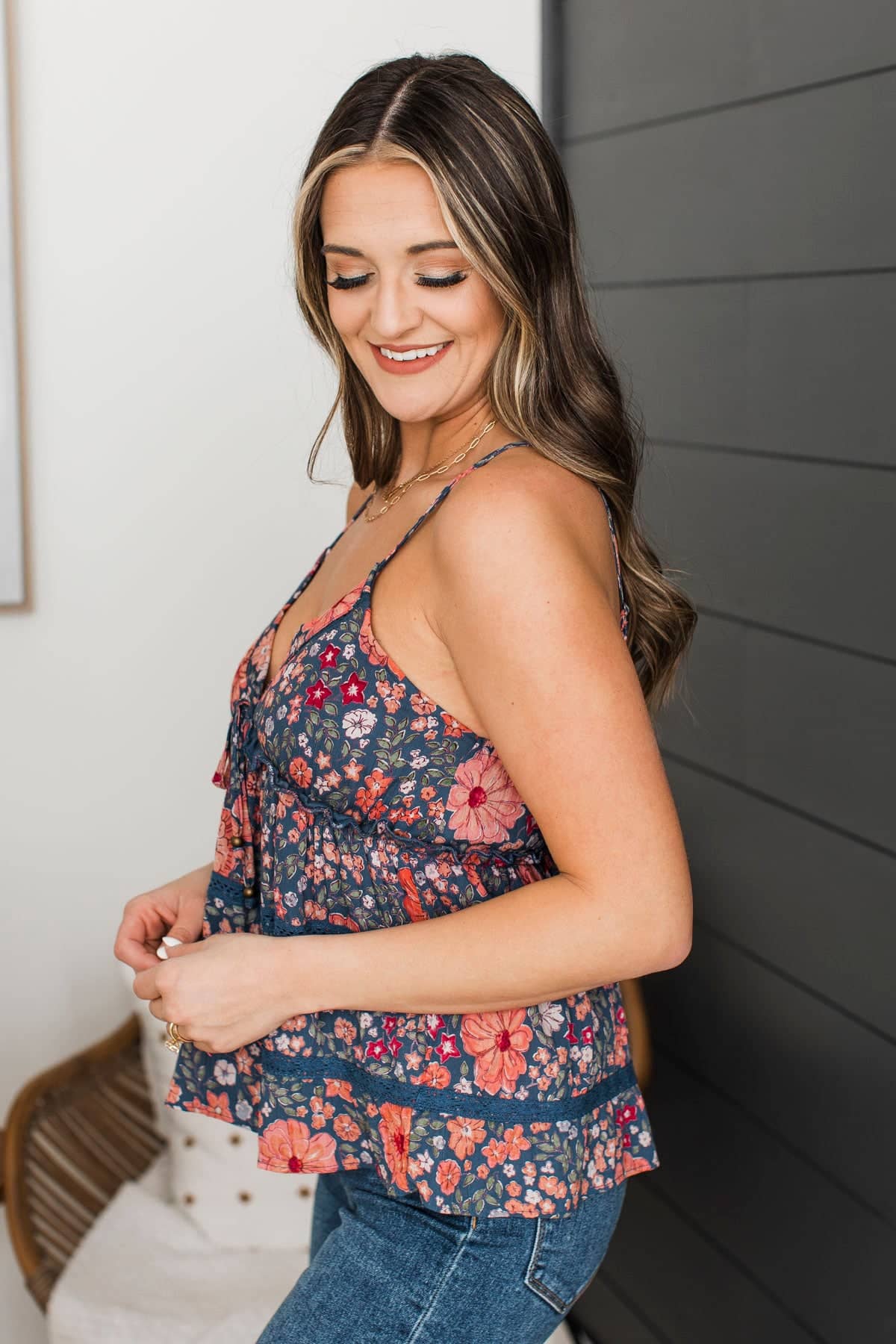 Filled With Hope Floral Babydoll Tank Top- Navy - Image 6