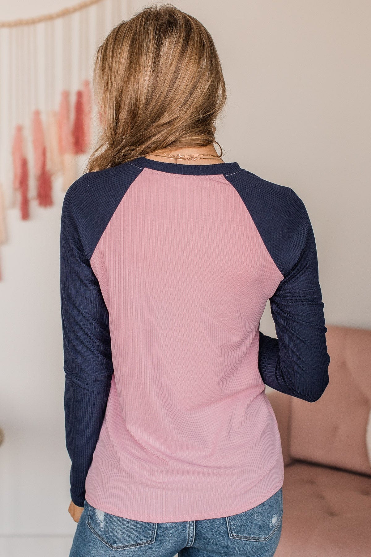 Filled With Love Long Sleeve Raglan Top- Pink & Navy - Image 9