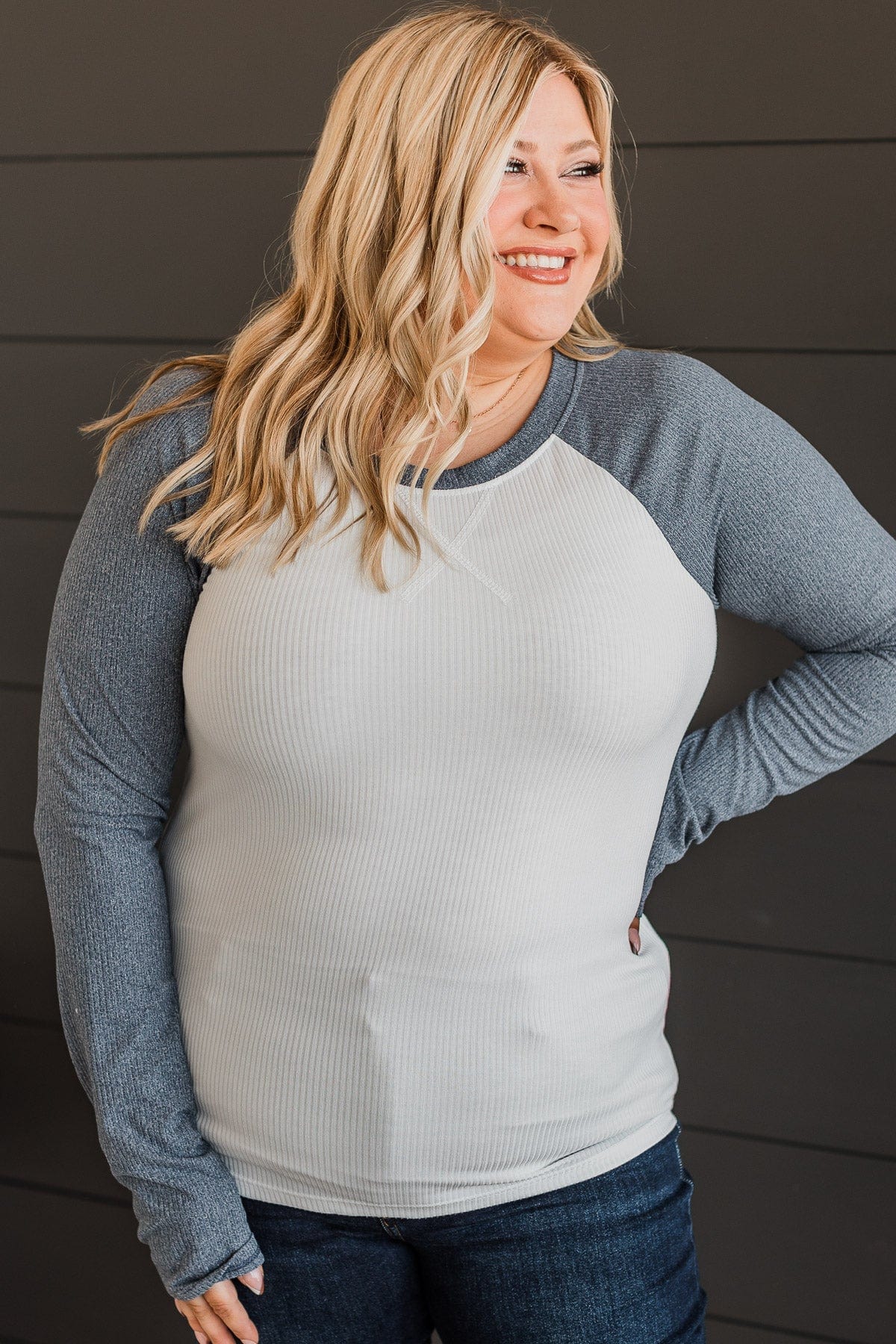 Filled With Love Raglan Top- Ivory & Denim - Image 4