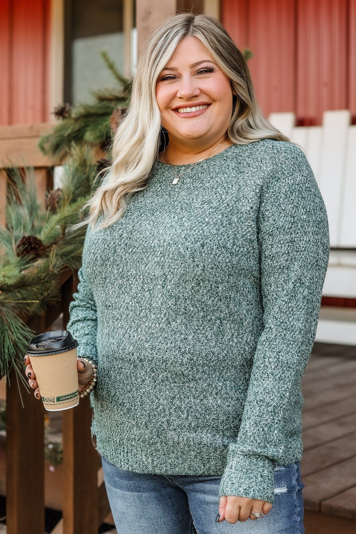 Find A Way Button Knit Sweater- Forest Green - Image 4