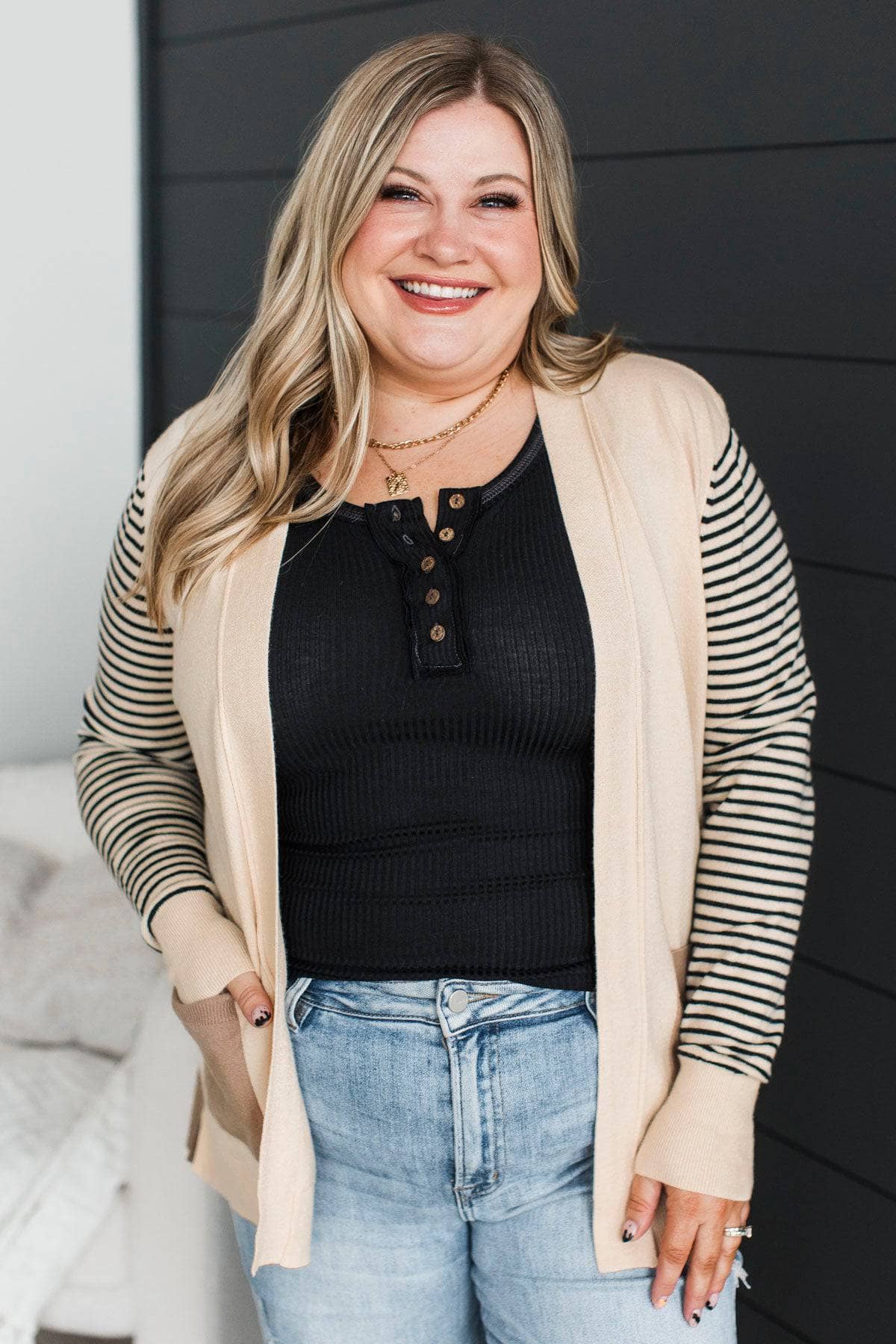 Find Me Here Open Front Cardigan- Light Taupe & Cream