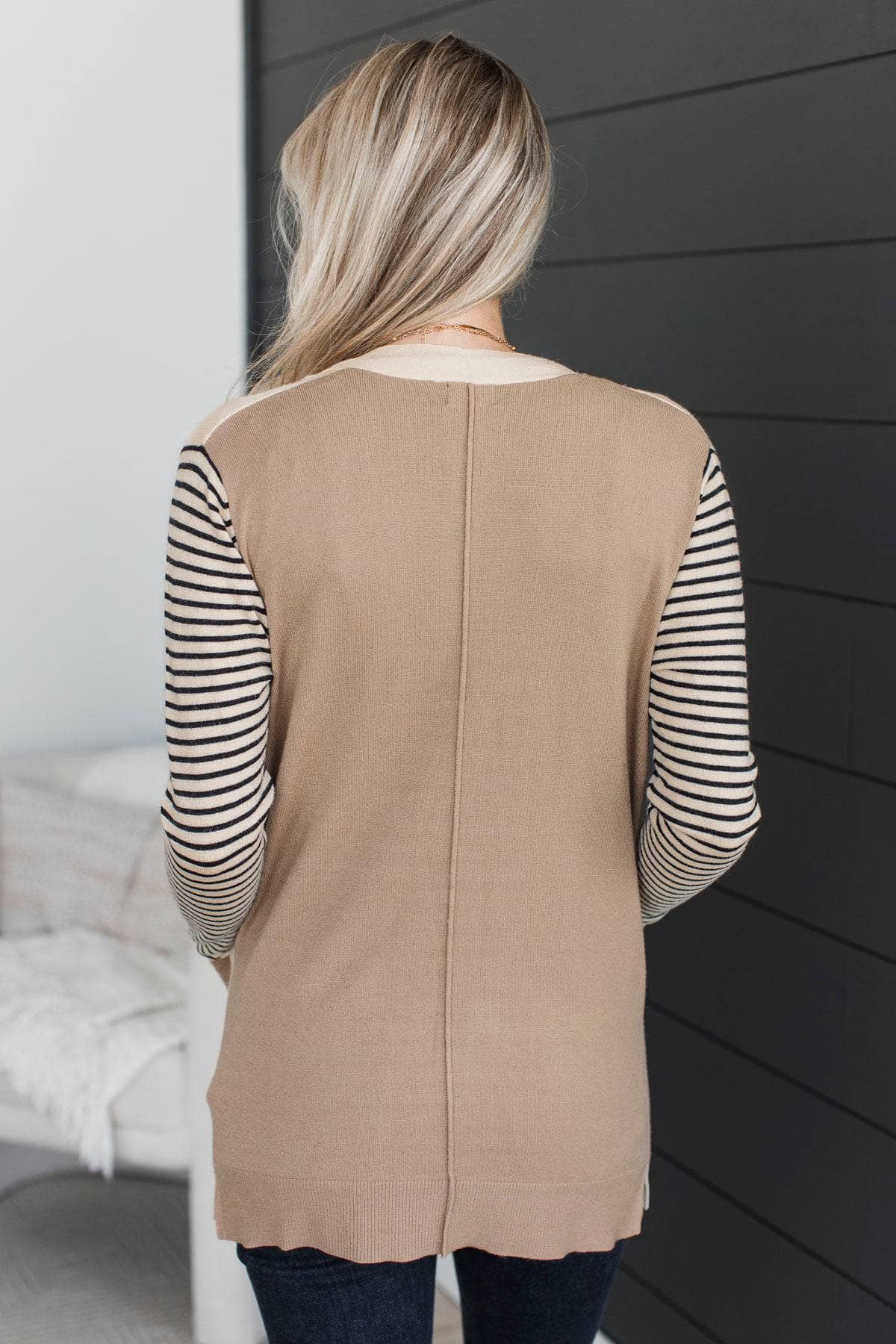 Find Me Here Open Front Cardigan- Light Taupe & Cream - Image 8
