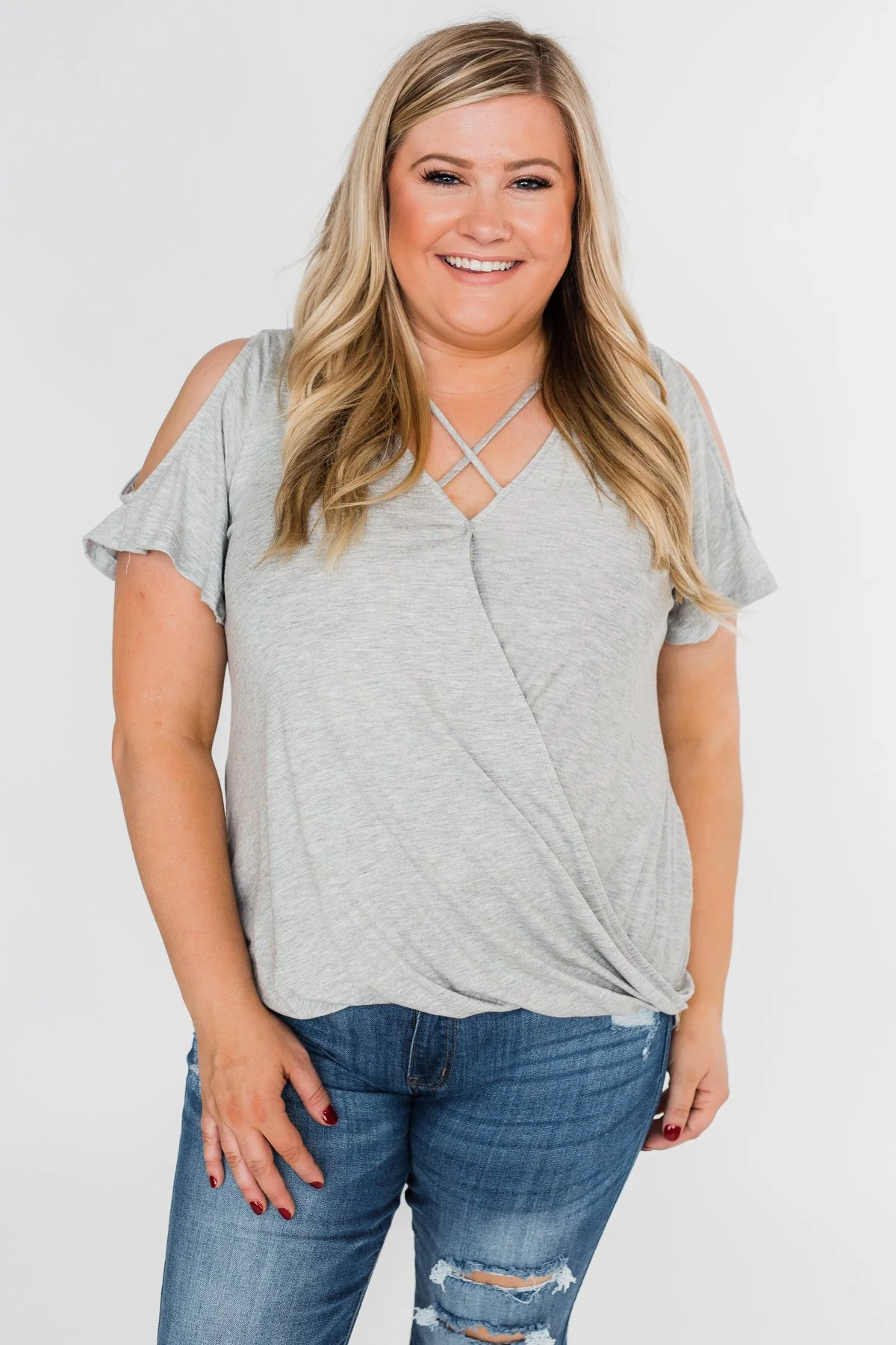 Find My Stride Cold Shoulder Top- Heather Grey - Image 3
