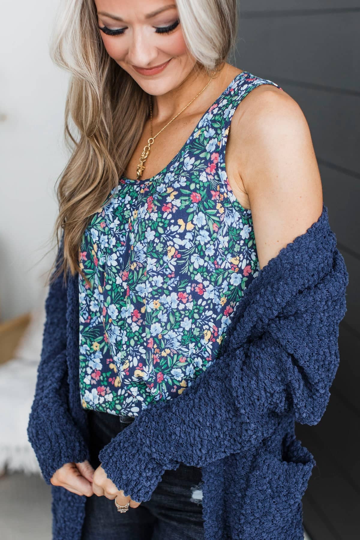 Find The Bright Side Floral Tank Top- Navy & Blue - Image 2