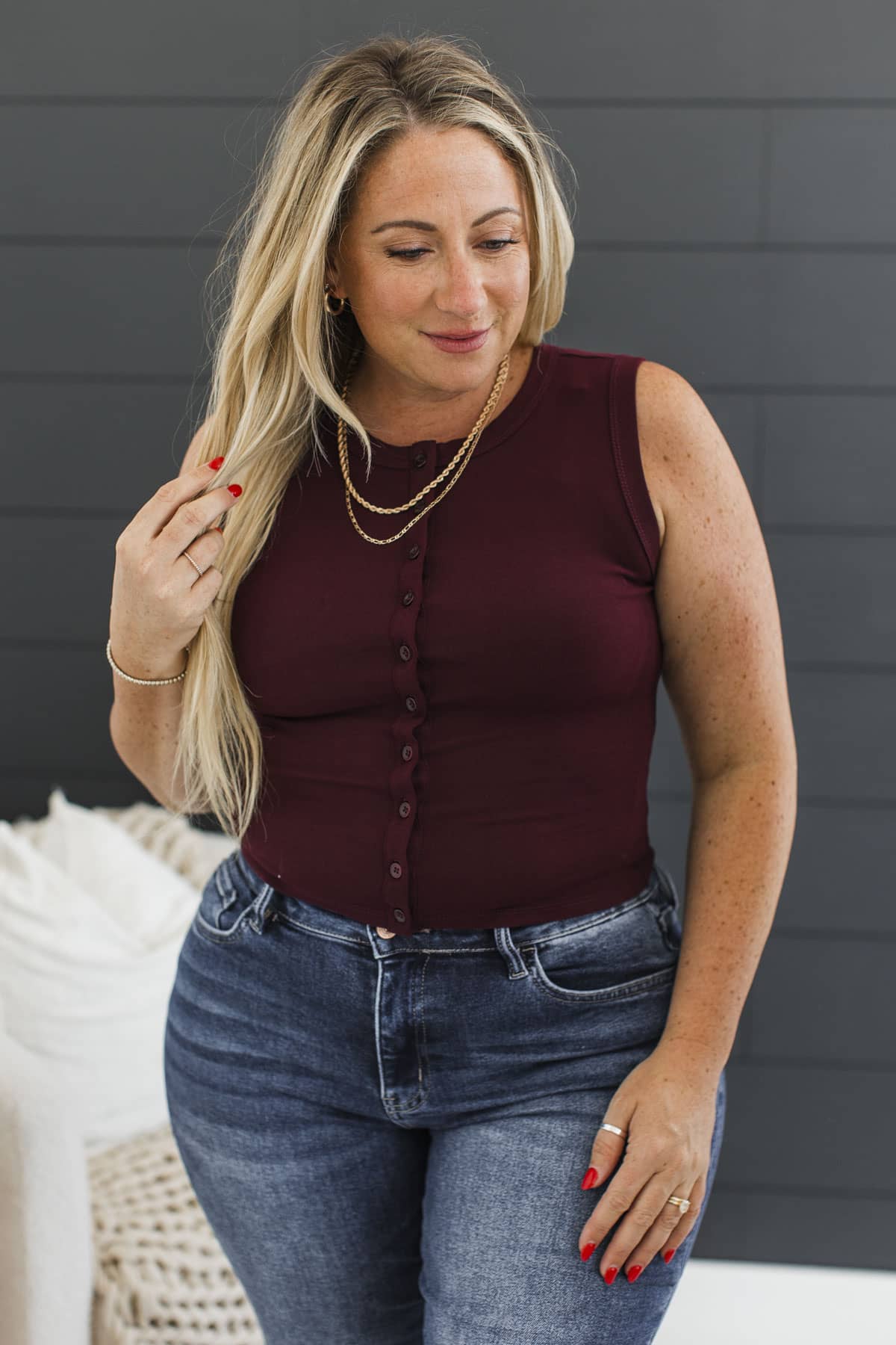 Find The Joy Button Up Knit Tank Top- Wine - Image 4