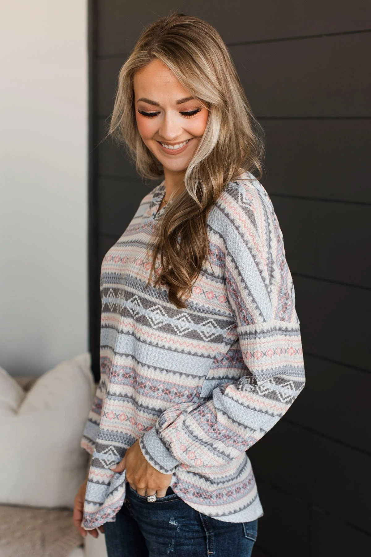 Find Your Groove Aztec Hooded Top- Charcoal & Pink - Image 5