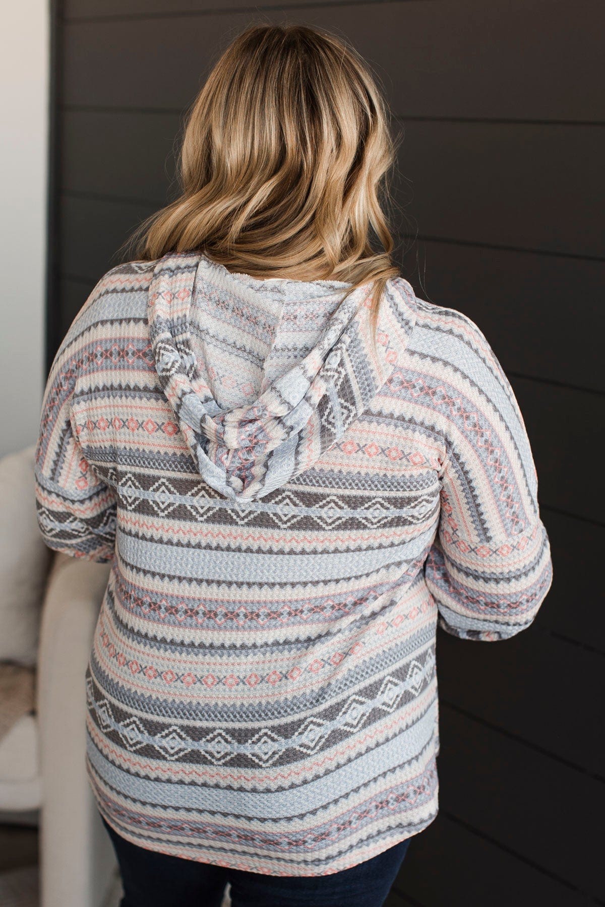 Find Your Groove Aztec Hooded Top- Charcoal & Pink - Image 8