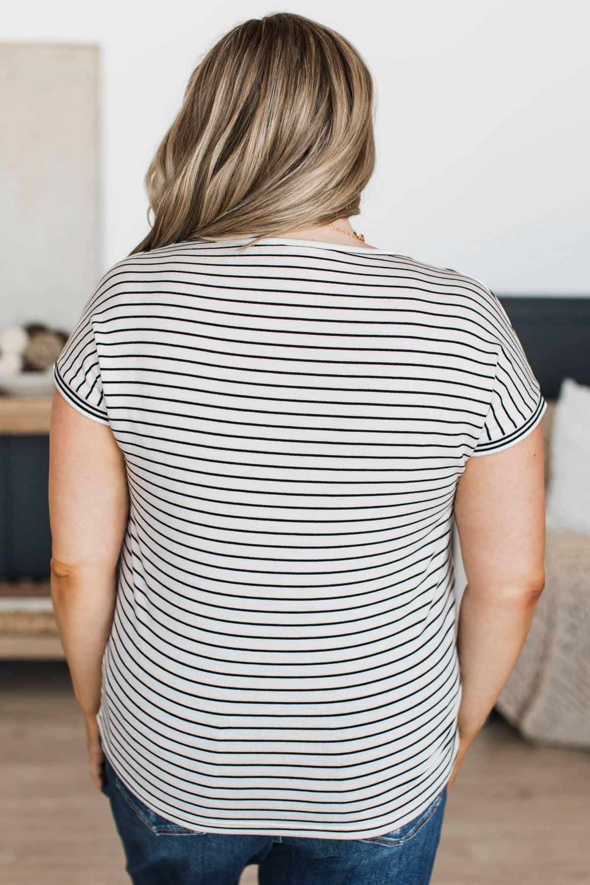 Finding Bliss Short Sleeve Striped Top- Off-White & Black - Image 6