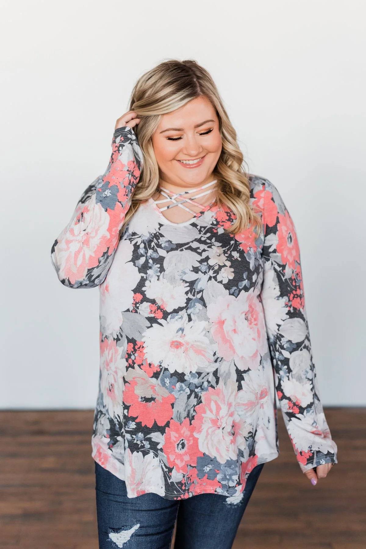 Finding Happiness Criss Cross Top- Charcoal & Coral - Image 2