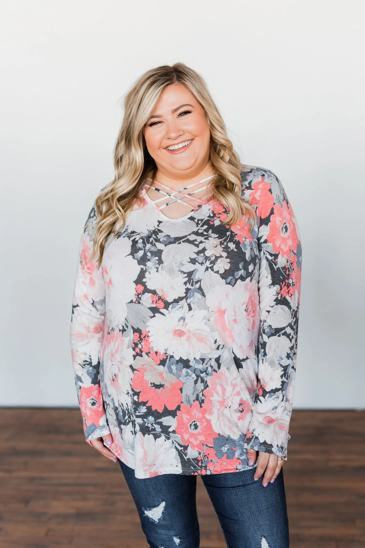 Finding Happiness Criss Cross Top- Charcoal & Coral - Image 5