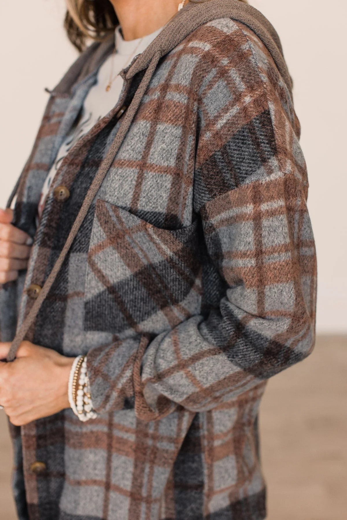 Finding Hope Hooded Button Top- Grey & Brown - Image 3