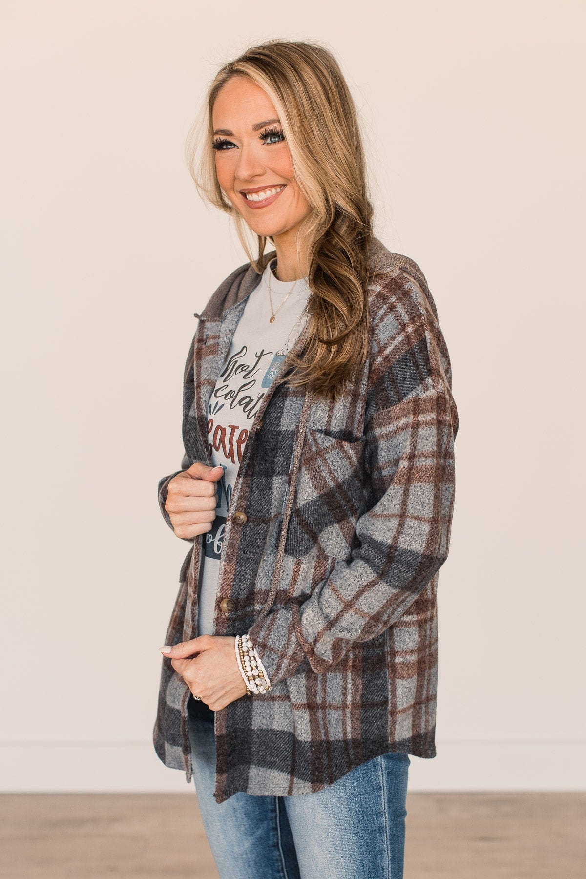 Finding Hope Hooded Button Top- Grey & Brown - Image 5