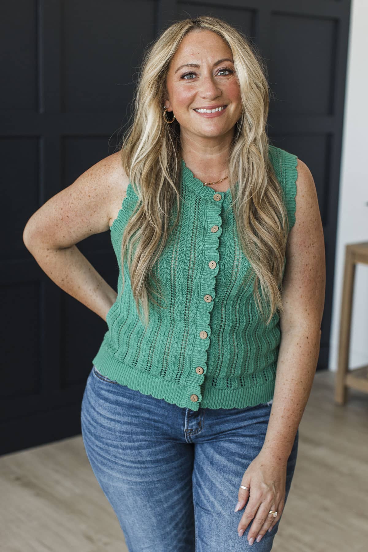 Finding Serenity Button Up Knit Sweater Vest- Jade Green - Image 2