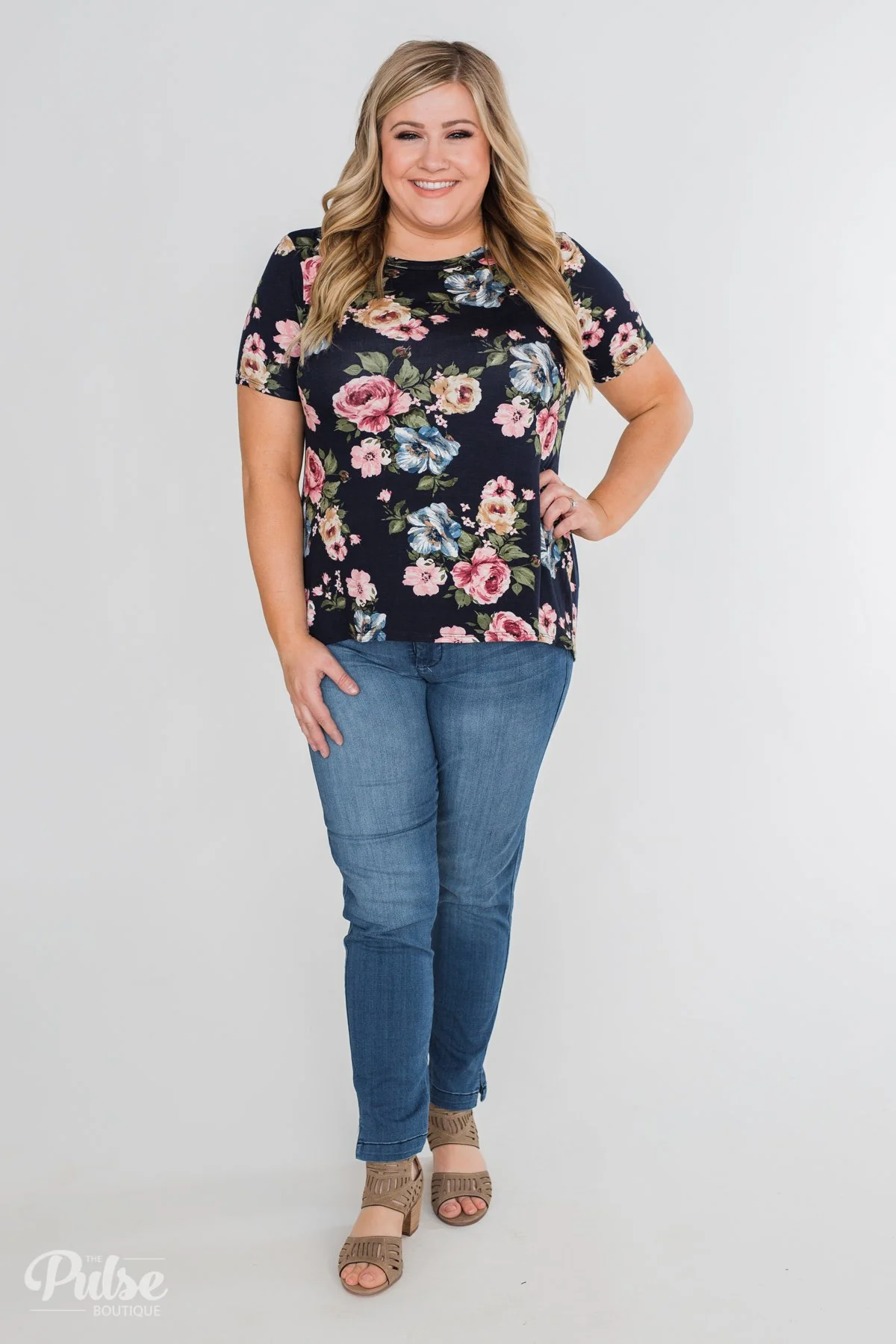 Finding The Right One Floral Short Sleeve Top- Navy - Image 6