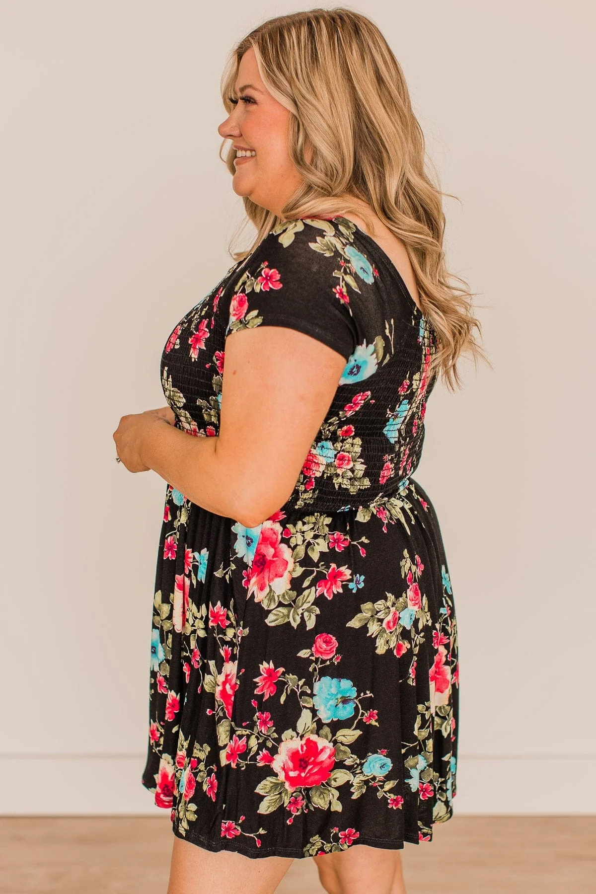 Fine Without You Smocked Floral Dress- Black - Image 6