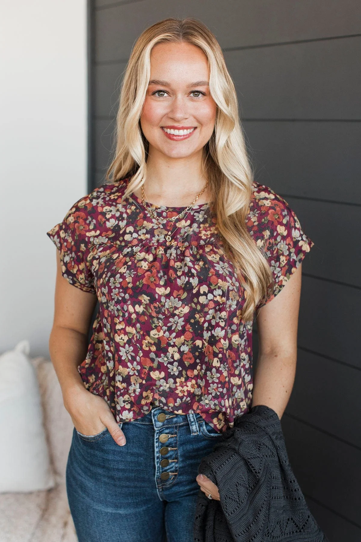 Finest Hour Short Sleeve Floral Top- Burgundy - Image 4