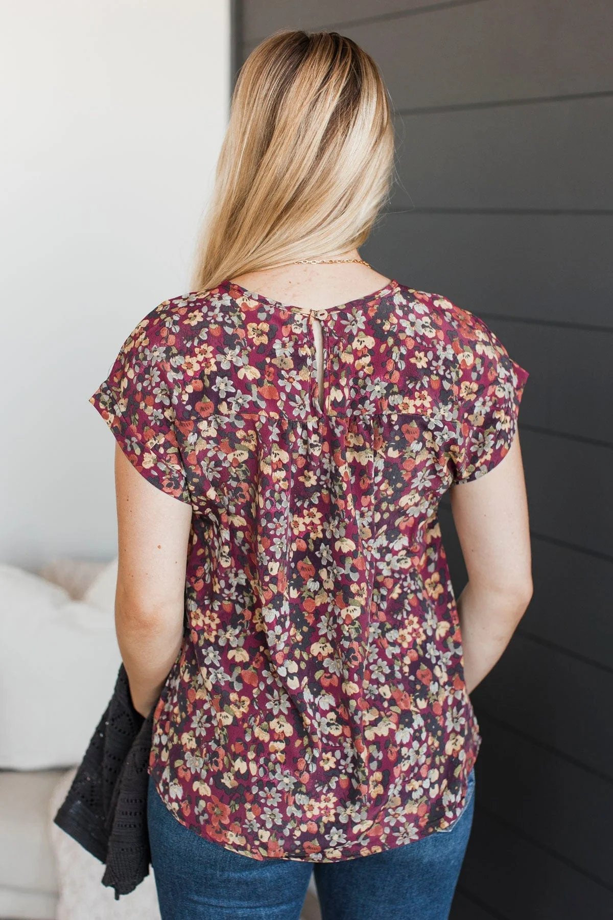 Finest Hour Short Sleeve Floral Top- Burgundy - Image 8