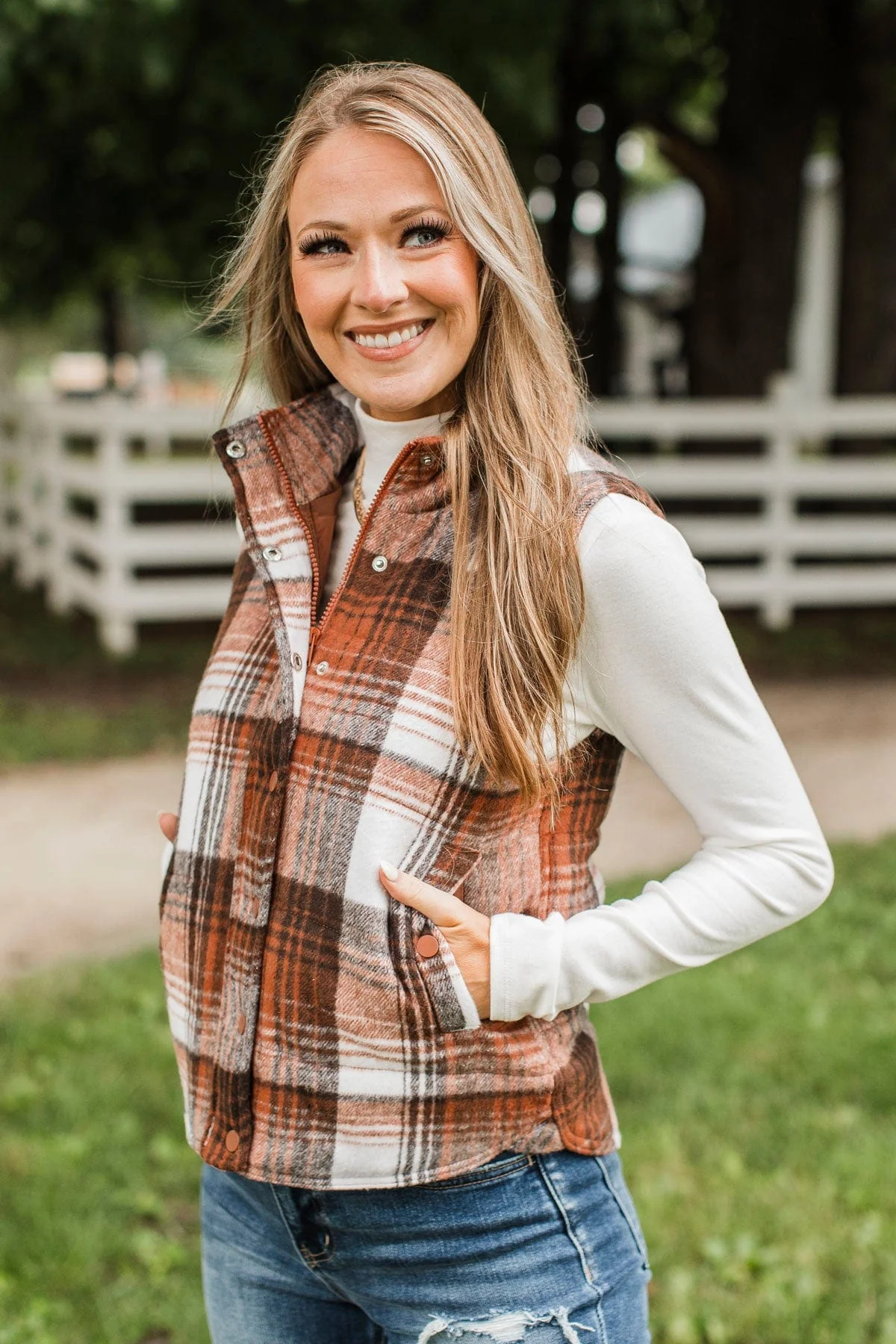 Fireside Gazes Plaid Puffer Vest- Copper & Ivory - Image 3