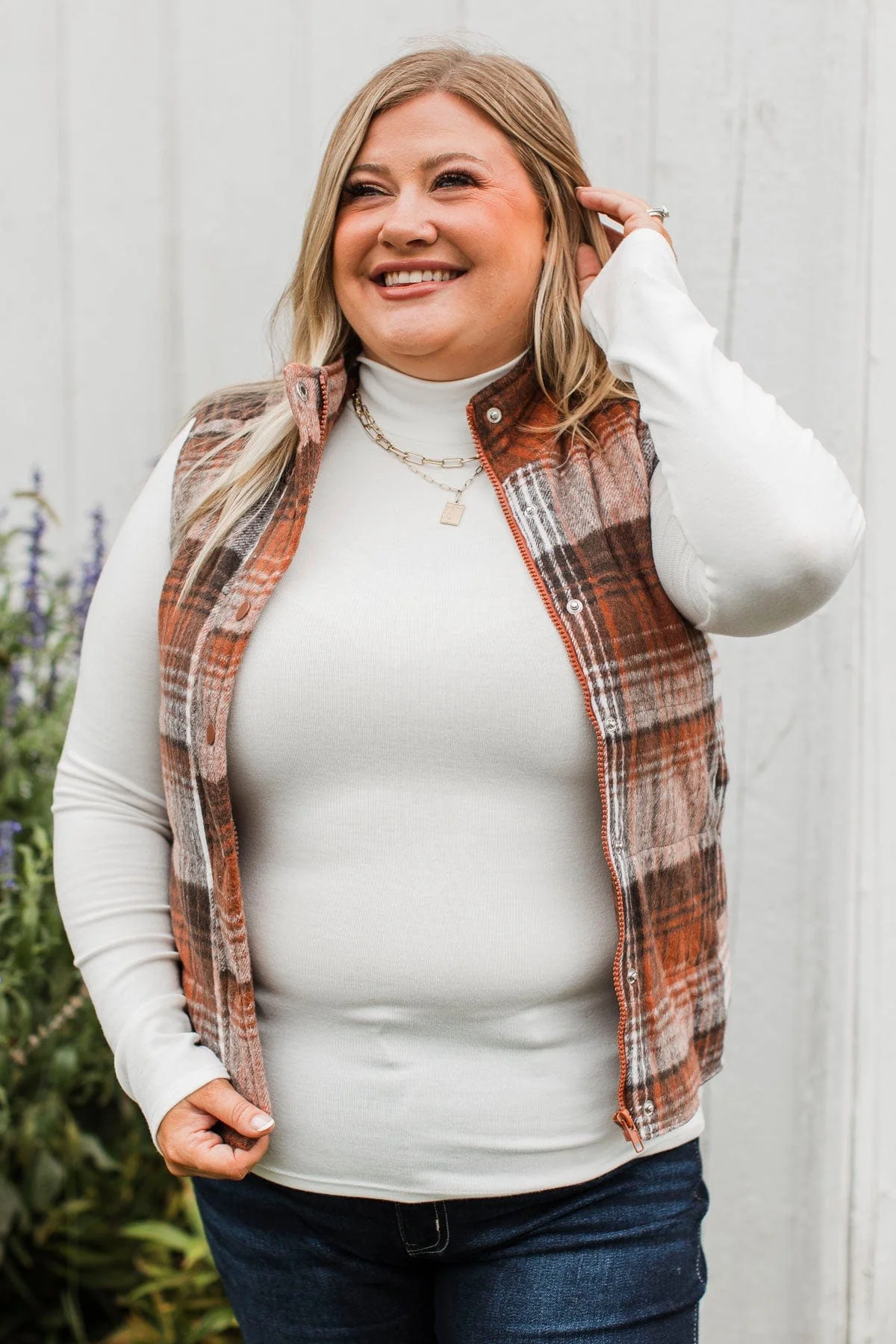 Fireside Gazes Plaid Puffer Vest- Copper & Ivory - Image 4