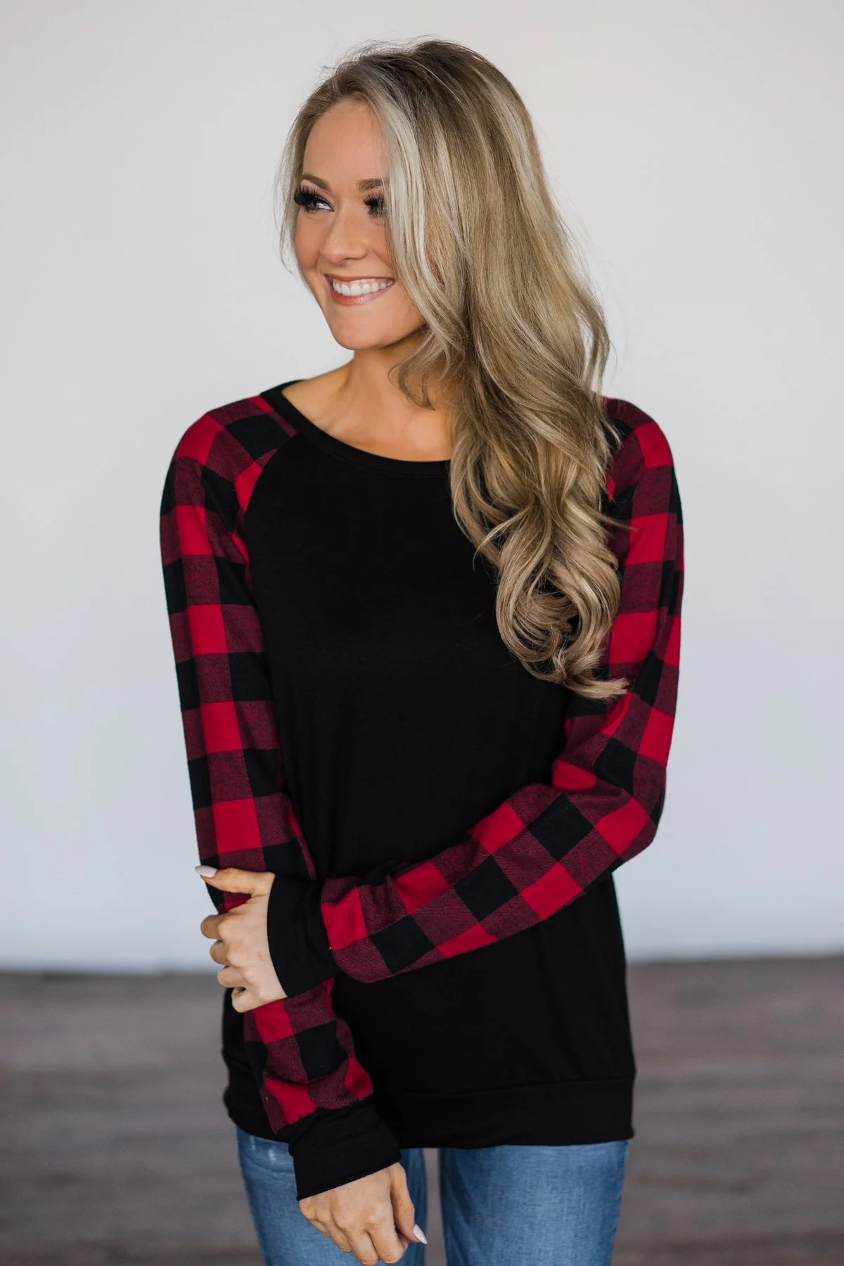 Fireside Kisses Black & Buffalo Plaid Top