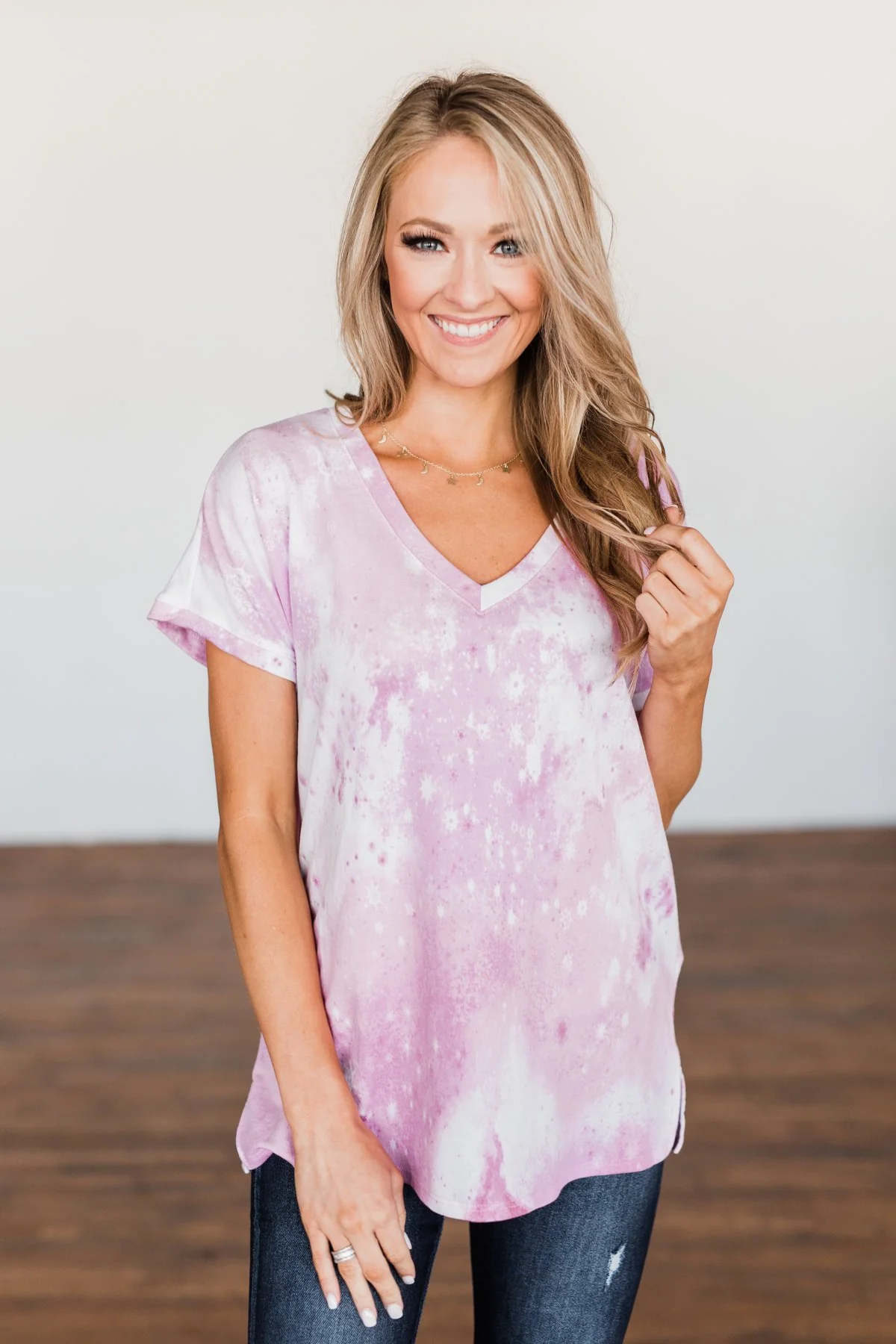 First Love Tie Dye V-Neck Top- Pink, Purple, Ivory - Image 3