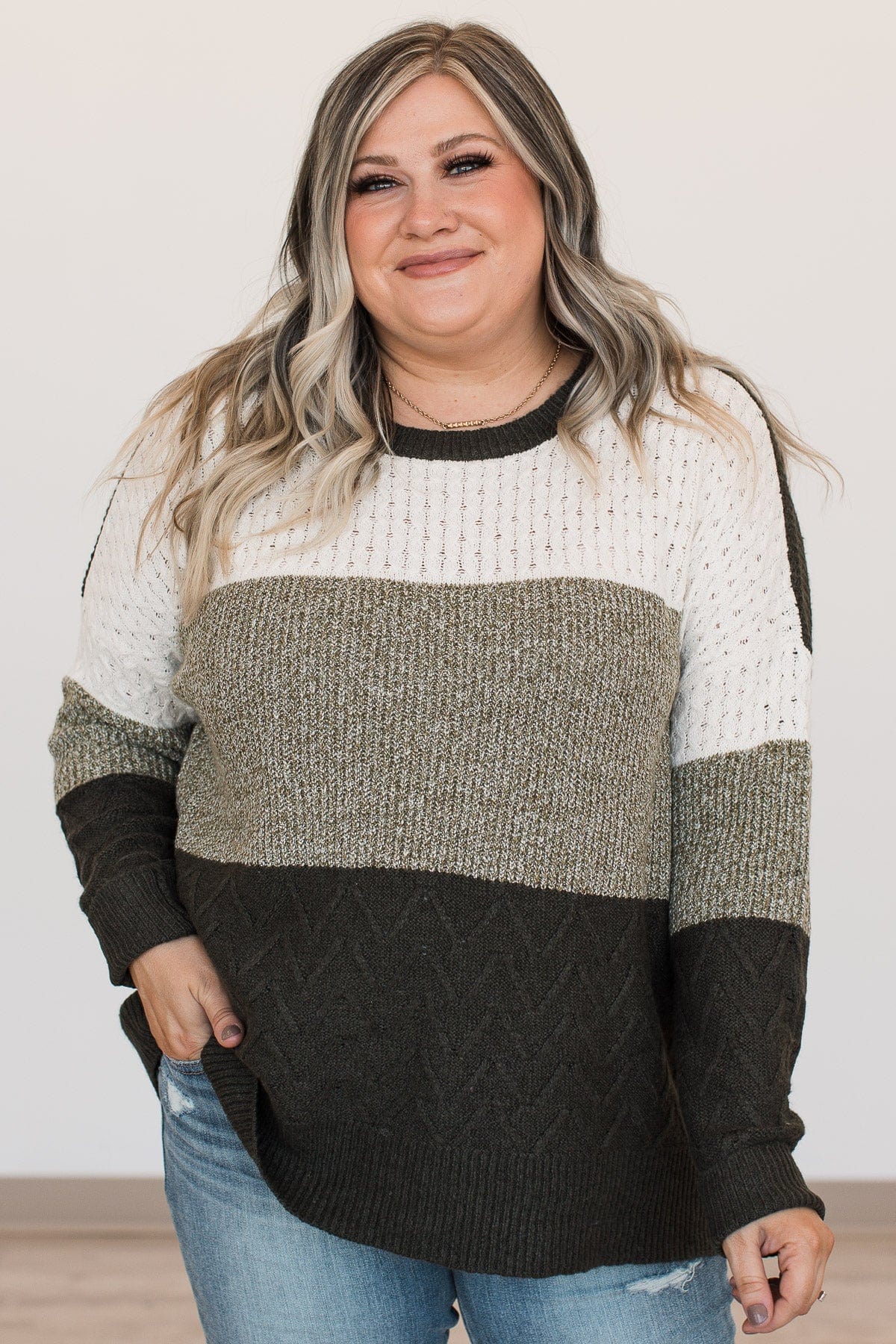 First Signs Of Fall Knit Sweater- Olive & Ivory - Image 2