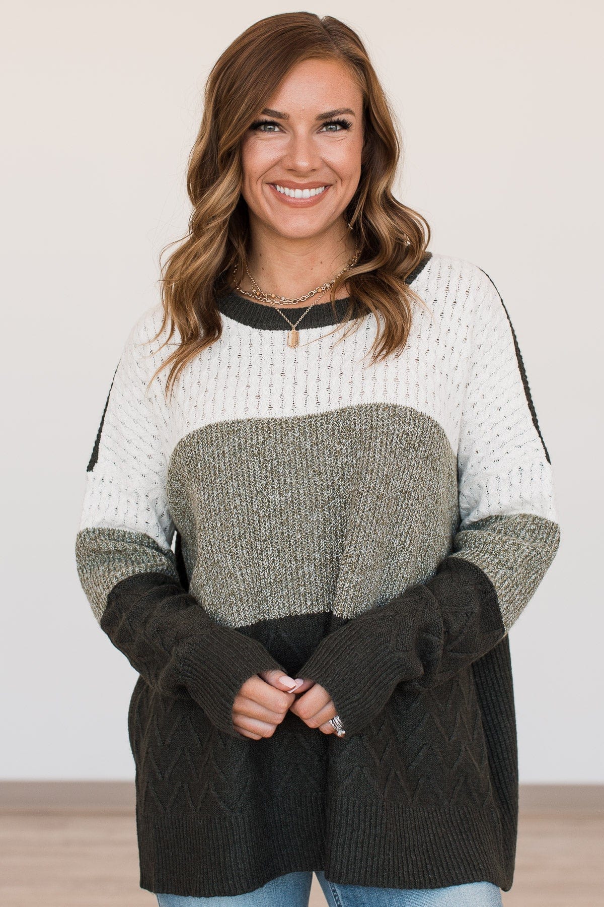 First Signs Of Fall Knit Sweater- Olive & Ivory - Image 3