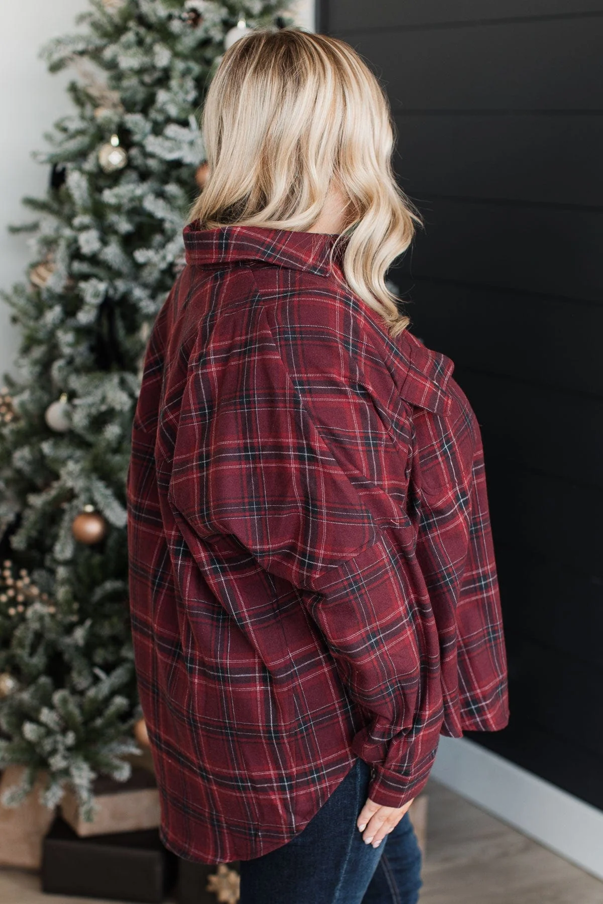 Fit For Adventure Plaid Button Top- Burgundy - Image 6