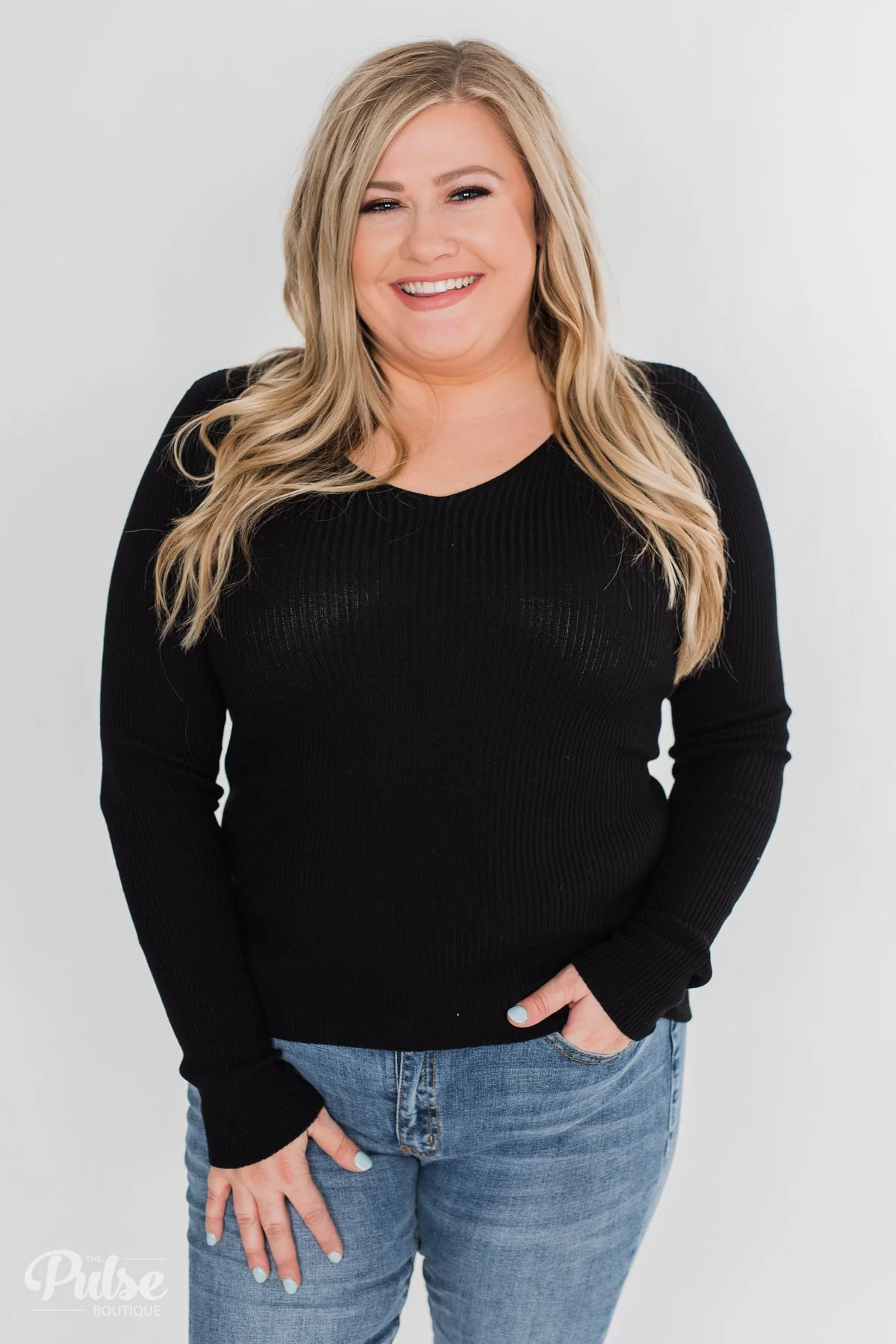 Fitted V-Neck Long Sleeve Top - Black - Image 2
