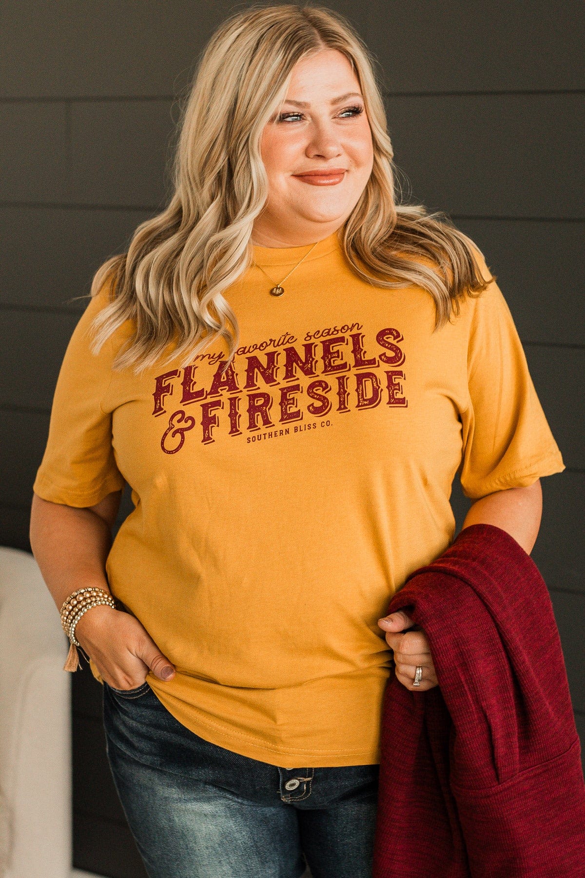 "Flannels & Fireside" Graphic Tee- Mustard - Image 4