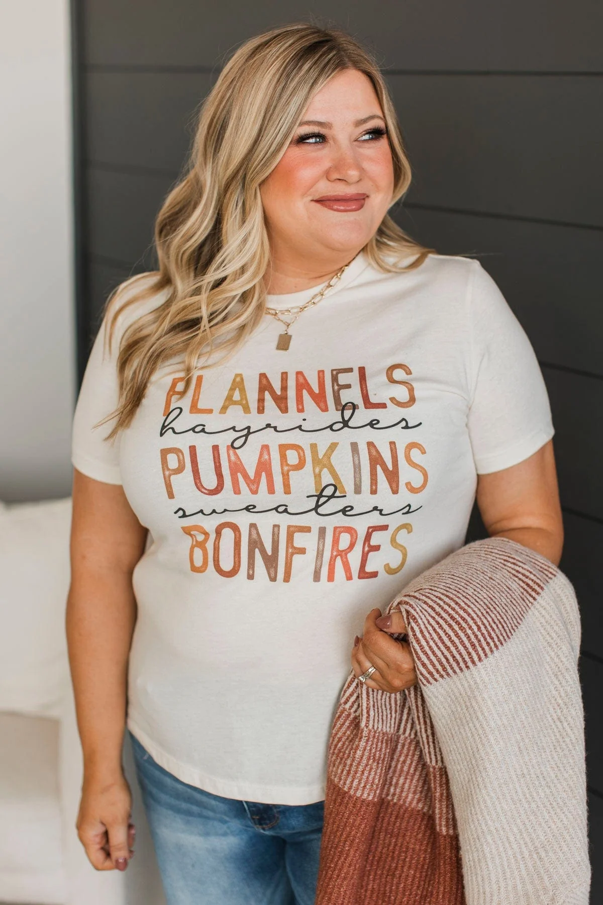 "Flannels, Hayrides, Pumpkins" Graphic Tee- Cream - Image 2