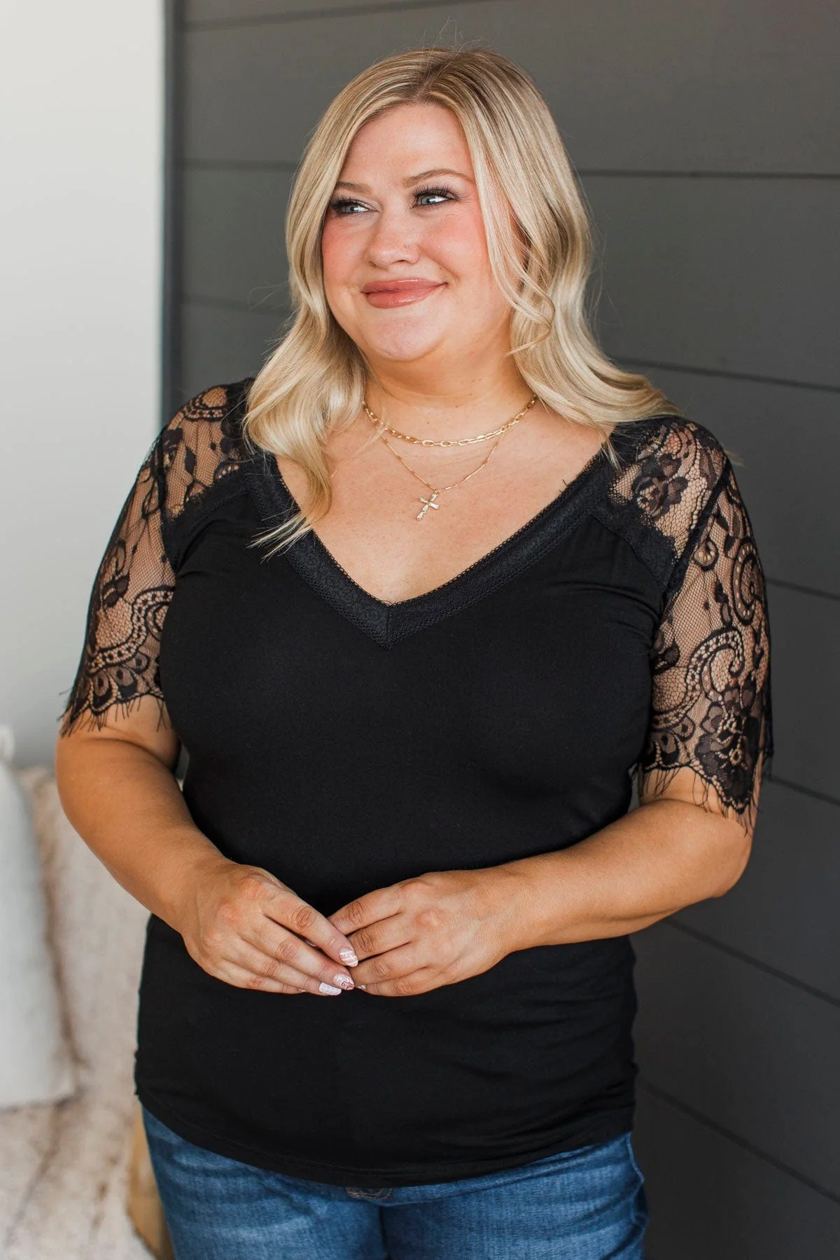 Flattering in Lace V-Neck Top- Black - Image 2