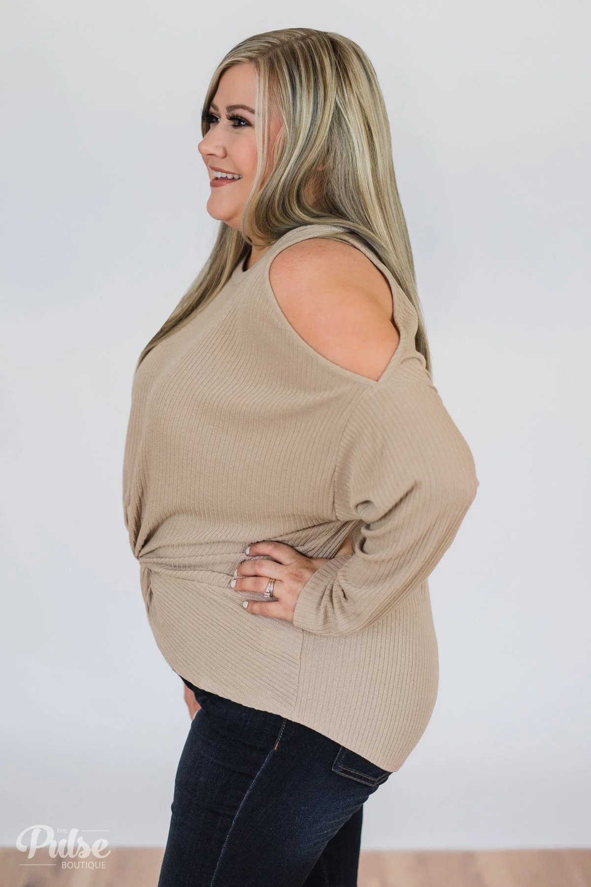 Flattering Twist Cold Shoulder Top- Taupe - Image 8