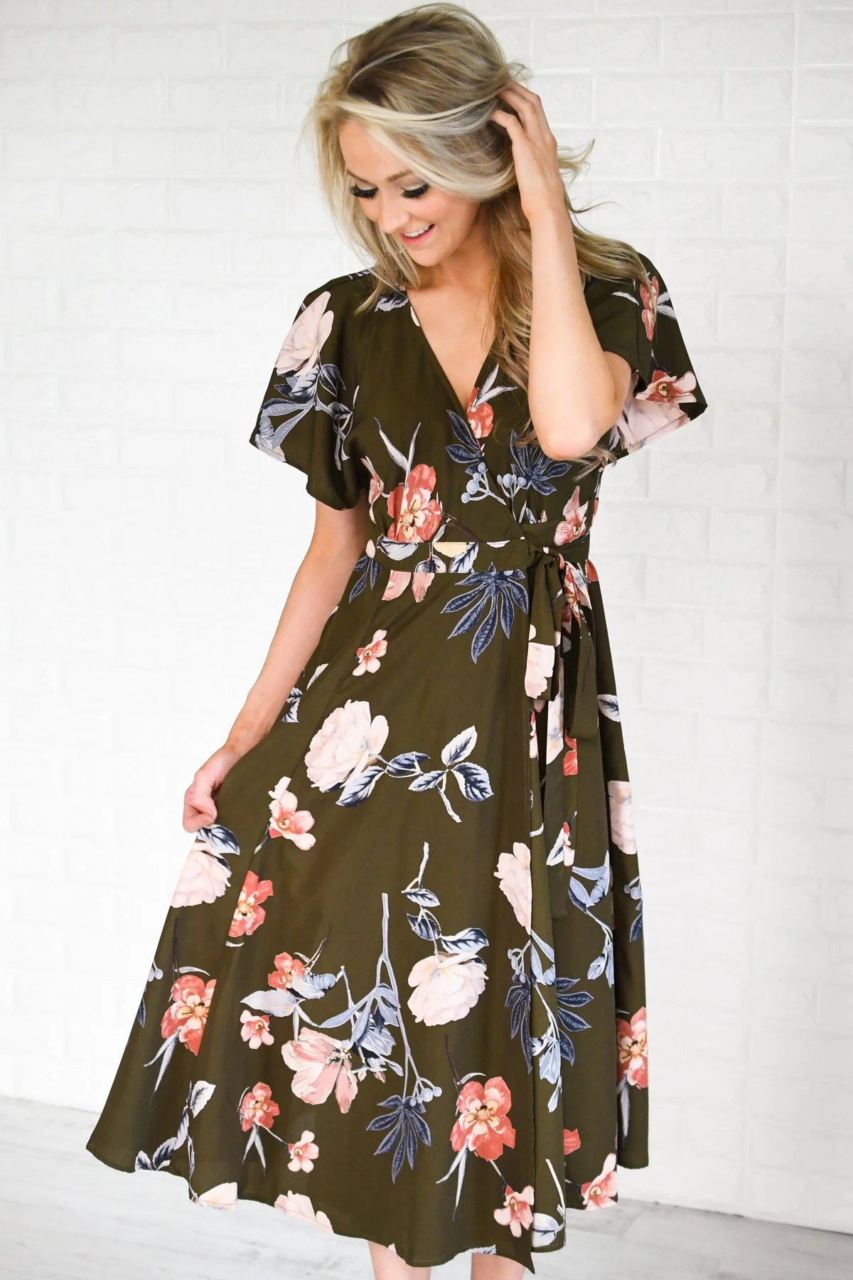 Flaunt it Babe Olive Floral Wrap Dress - Image 3