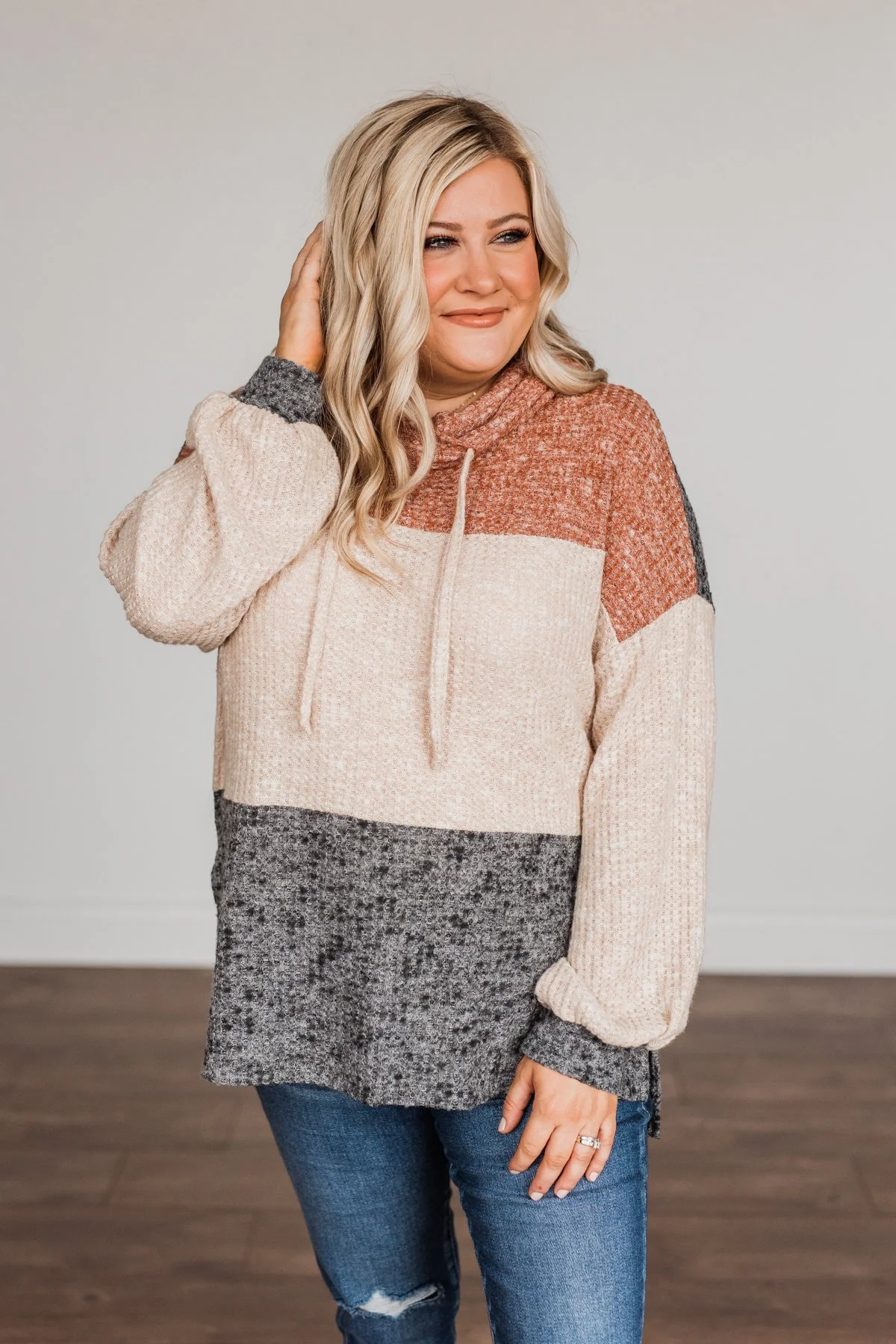 Flawless Looks Cowl Neck Top- Rust, Beige & Charcoal - Image 3