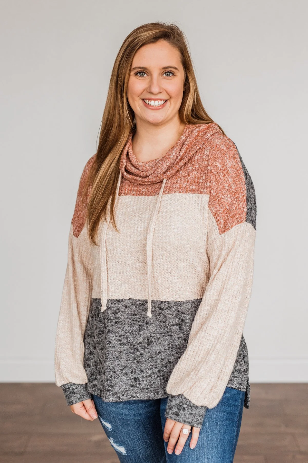 Flawless Looks Cowl Neck Top- Rust, Beige & Charcoal - Image 4