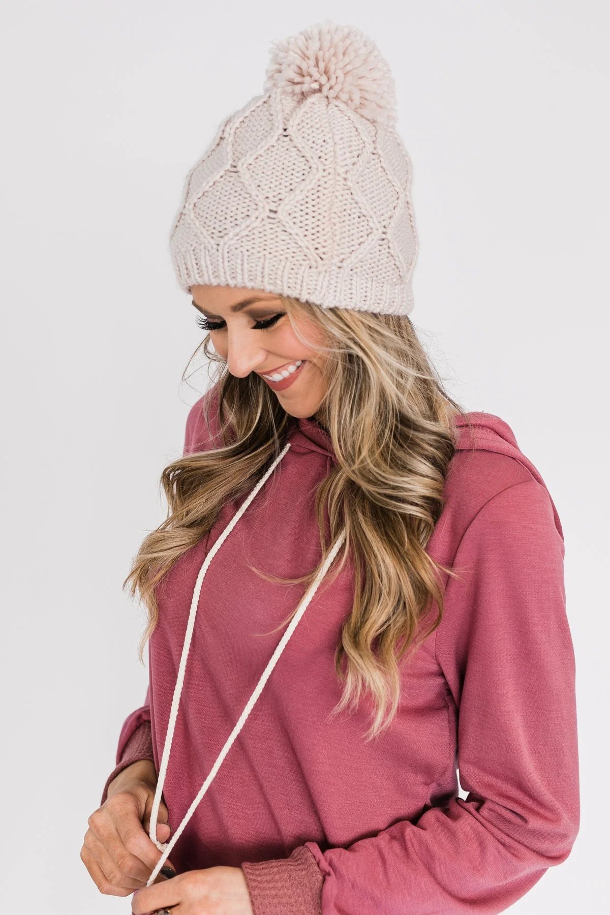 Fleece Lined Pom Beanie- Cream - Image 2